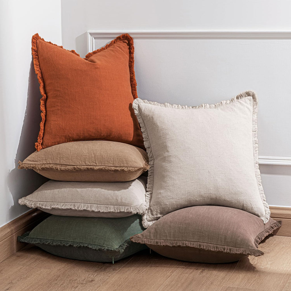 Decorative Linen Fringe Throw Pillow Covers Boho Farmhouse Soft Euro Accent Pillowcases with Tassels for Bed Couch Sofa Living Room Bedroom,24x24 Inch Set of 2,Brown