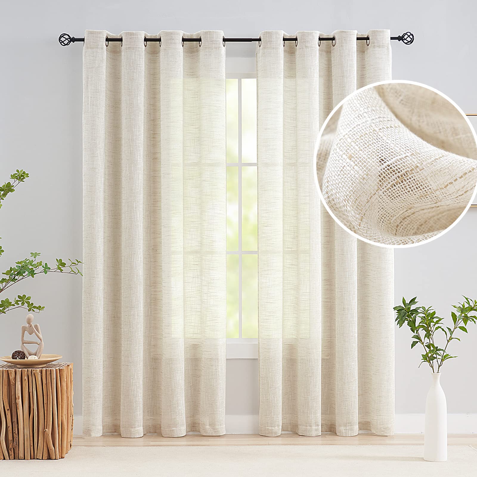 Semi Sheer Curtains for Living Room 95 inch Length Natural Linen Semi Sheer Curtain Drapes for Bedroom Light Filtering Farmhouse Country Rustic Window Curtains 52"w 2 Panels Rod Pocket Beige