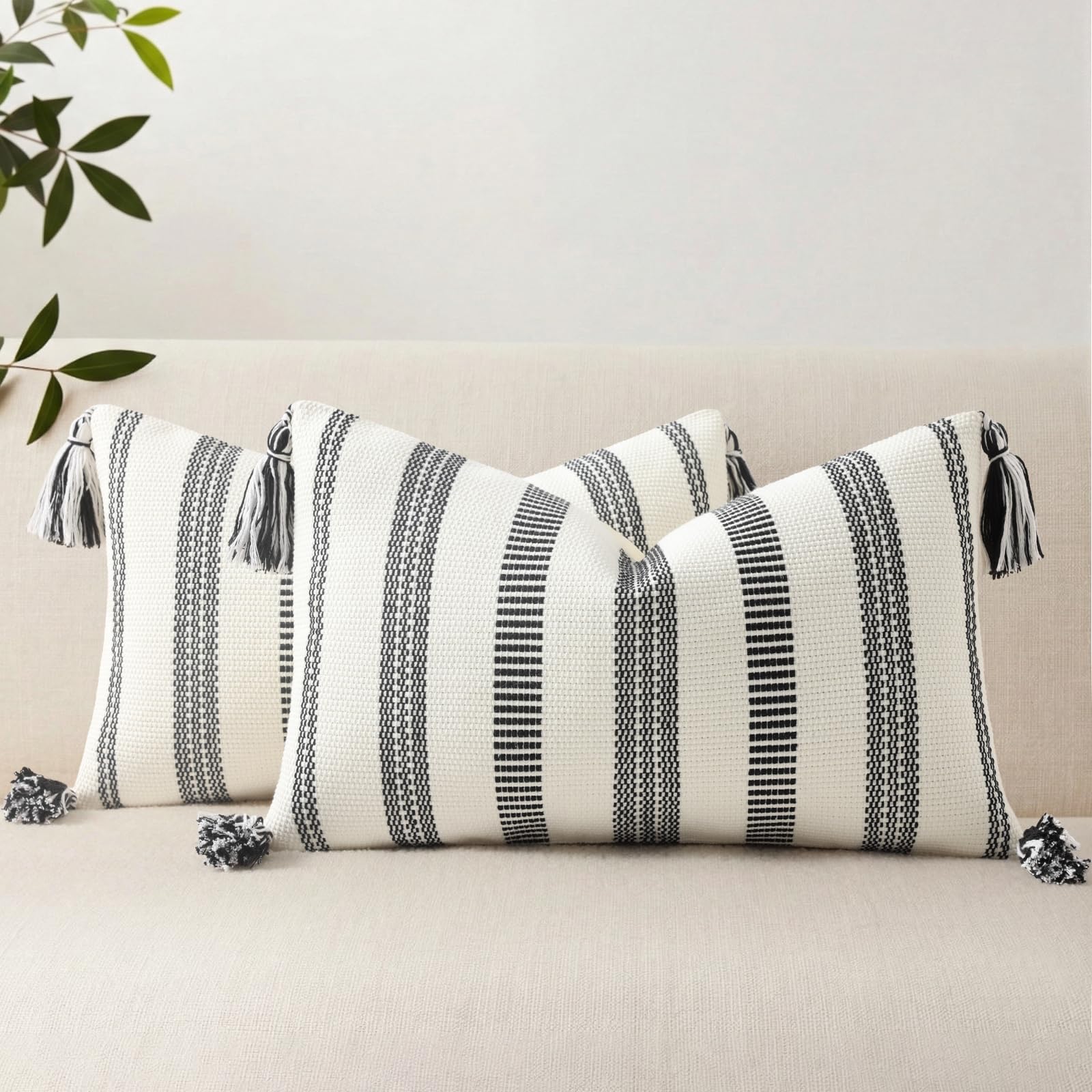 Smile Bee Boho Outdoor Couch Throw Pillow Covers Set of 2 Decorative Thick Woven Striped Accent Neutral Pillow Covers with Tassels for Bed Sofa Home Decor 20x20 Inch, Navy Blue and Cream White