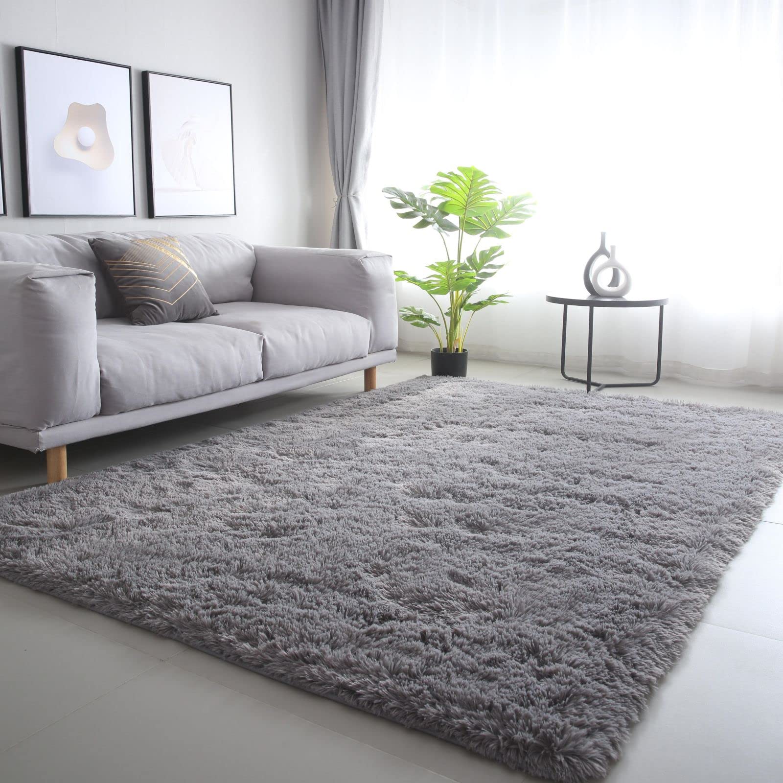 CAIYUECS Shag Area Rug,Indoor Ultra Soft Fluffy Plush Rugs for Bedroom Living Room, Non-Skid Modern Nursery Faux Fur Rugs for Kids Room Home Decor (Tie-Dyed Light Gray, 5x7 Feet)