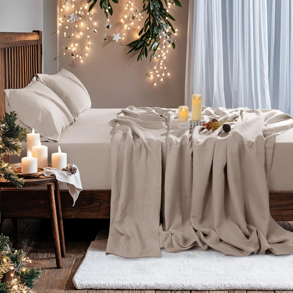 100% Pure Linen Sheet Set for Hot Sleepers, Breathable Natural Linen Sheets 4pcs, Bedding Set Deep Pocket Up to 16" Moisture-Wicking, Softens with Every Wash (Linen Queen)