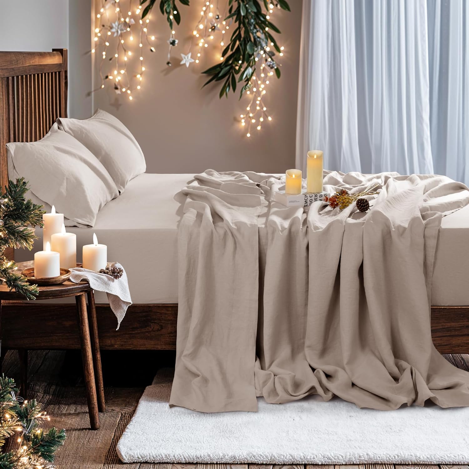 100% Pure Linen Sheet Set for Hot Sleepers, Breathable Natural Linen Sheets 4pcs, Bedding Set Deep Pocket Up to 16" Moisture-Wicking, Softens with Every Wash (Linen Queen)