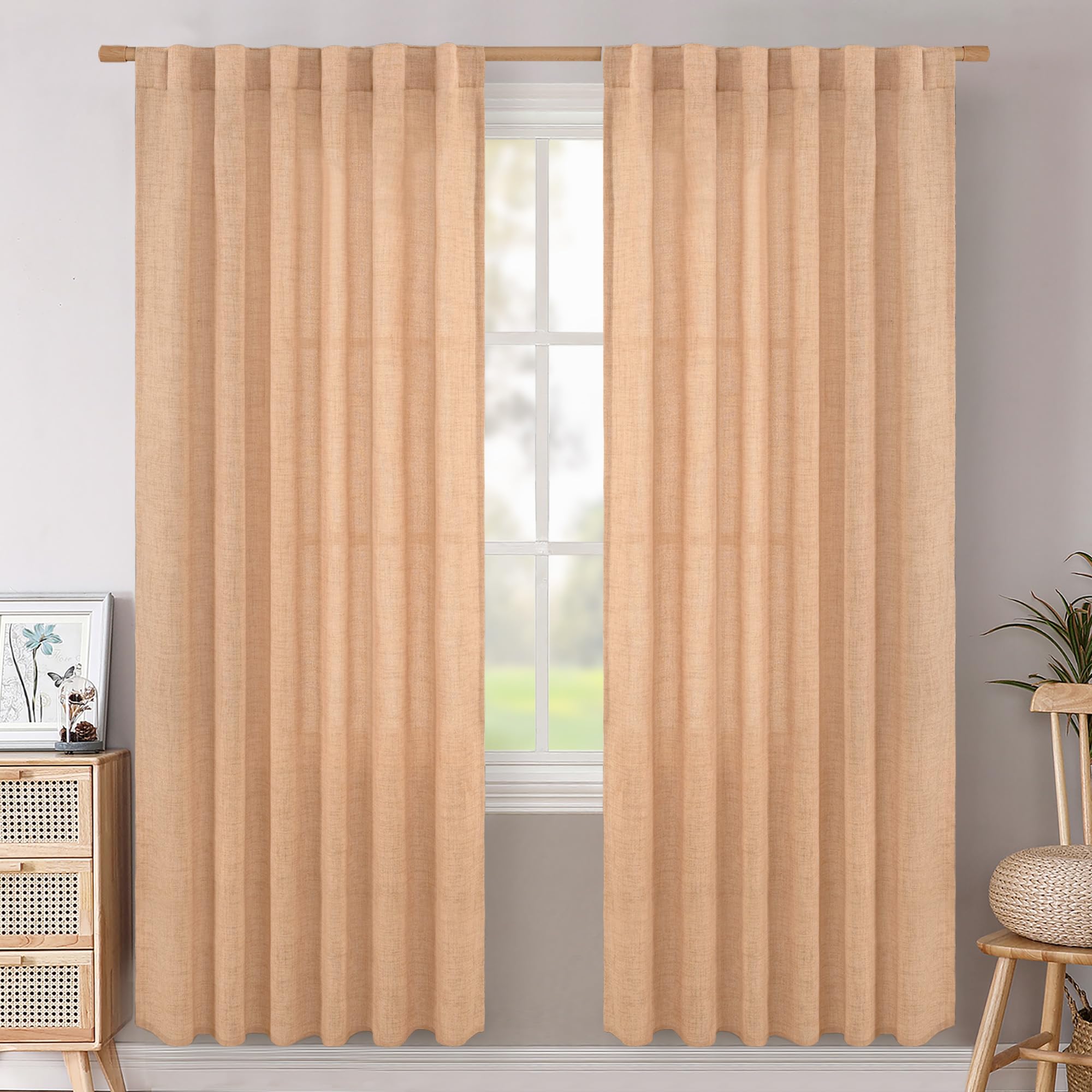 BGment Natural Linen Semi Sheer Curtains 96 Inch Length 2 Panels for Living Room, Beige Light Filtering Window Drapes with Rod Pocket Back Tab Extre Long for Dining Bedroom, 52 X 96 Inch