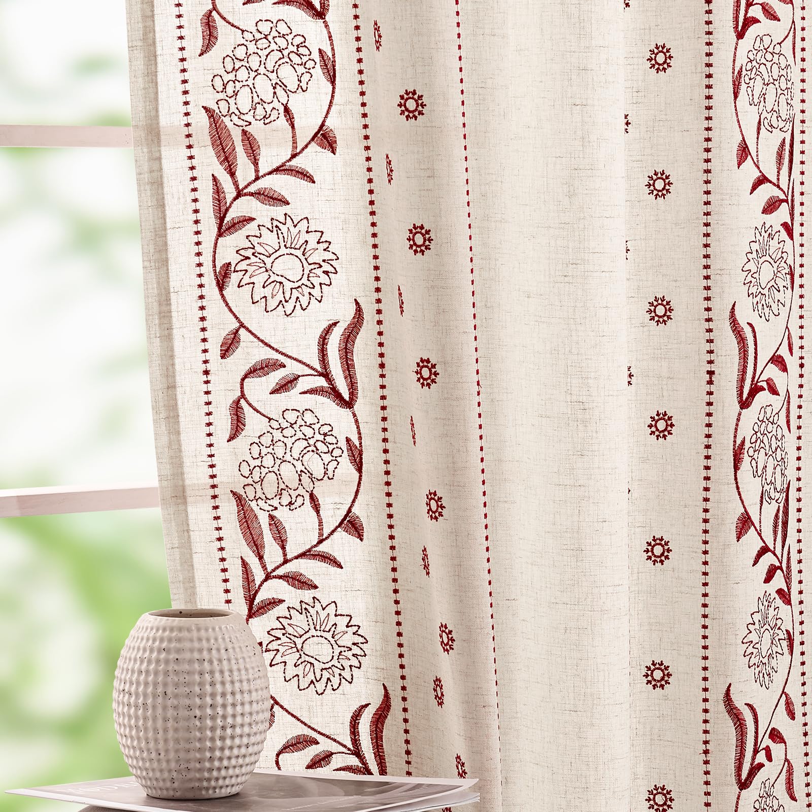 jinchan Winslow Linen Curtains for Bedroom 84 Inches Length Ivory on Taupe Embroidered Bordered Floral Curtains for Living Room Farmhouse Decor Light Filtering Window Treatments 2 Panels
