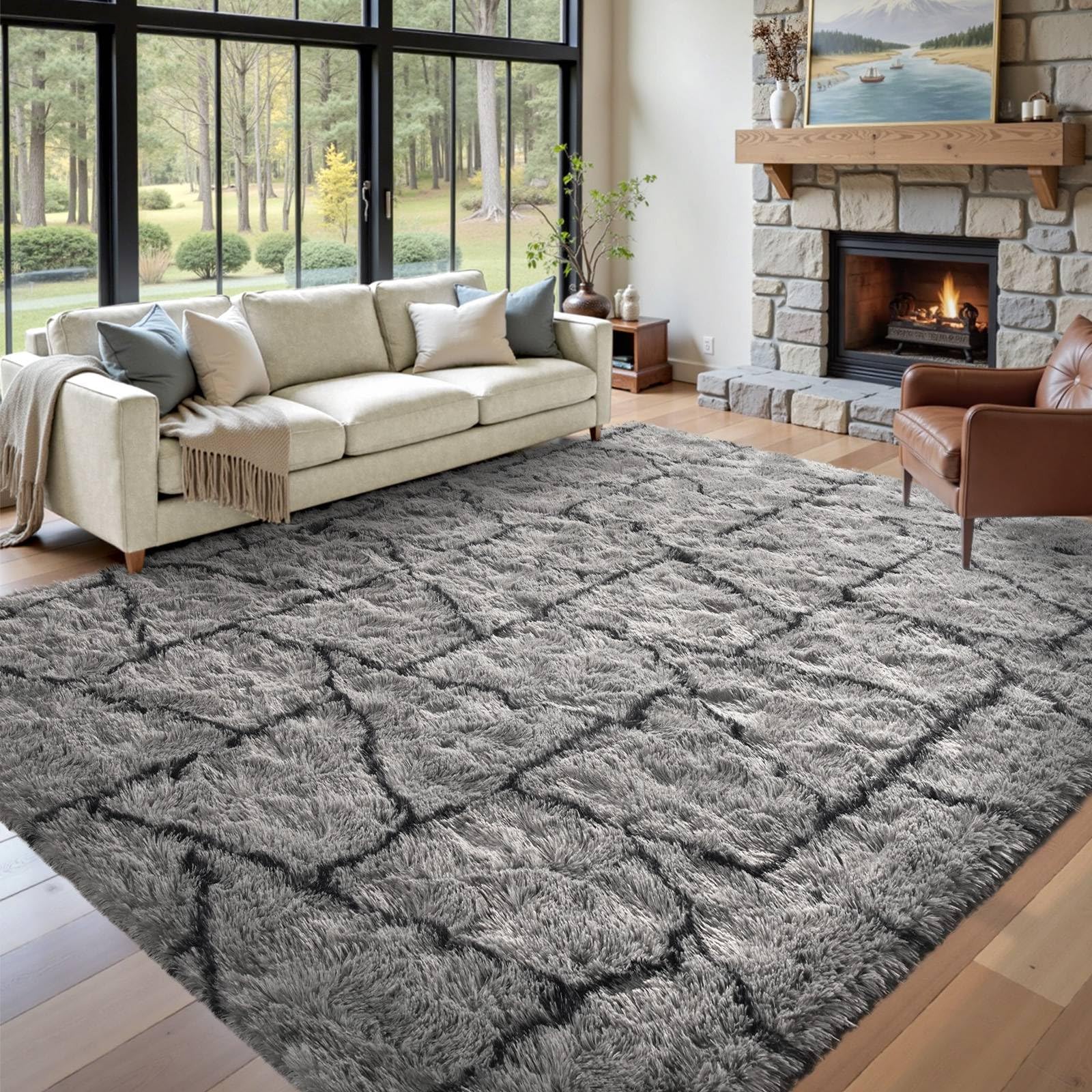 5×7ft Grey Fluffy Tie-Dyed Rug, Soft Shag Carpet for Home Decor