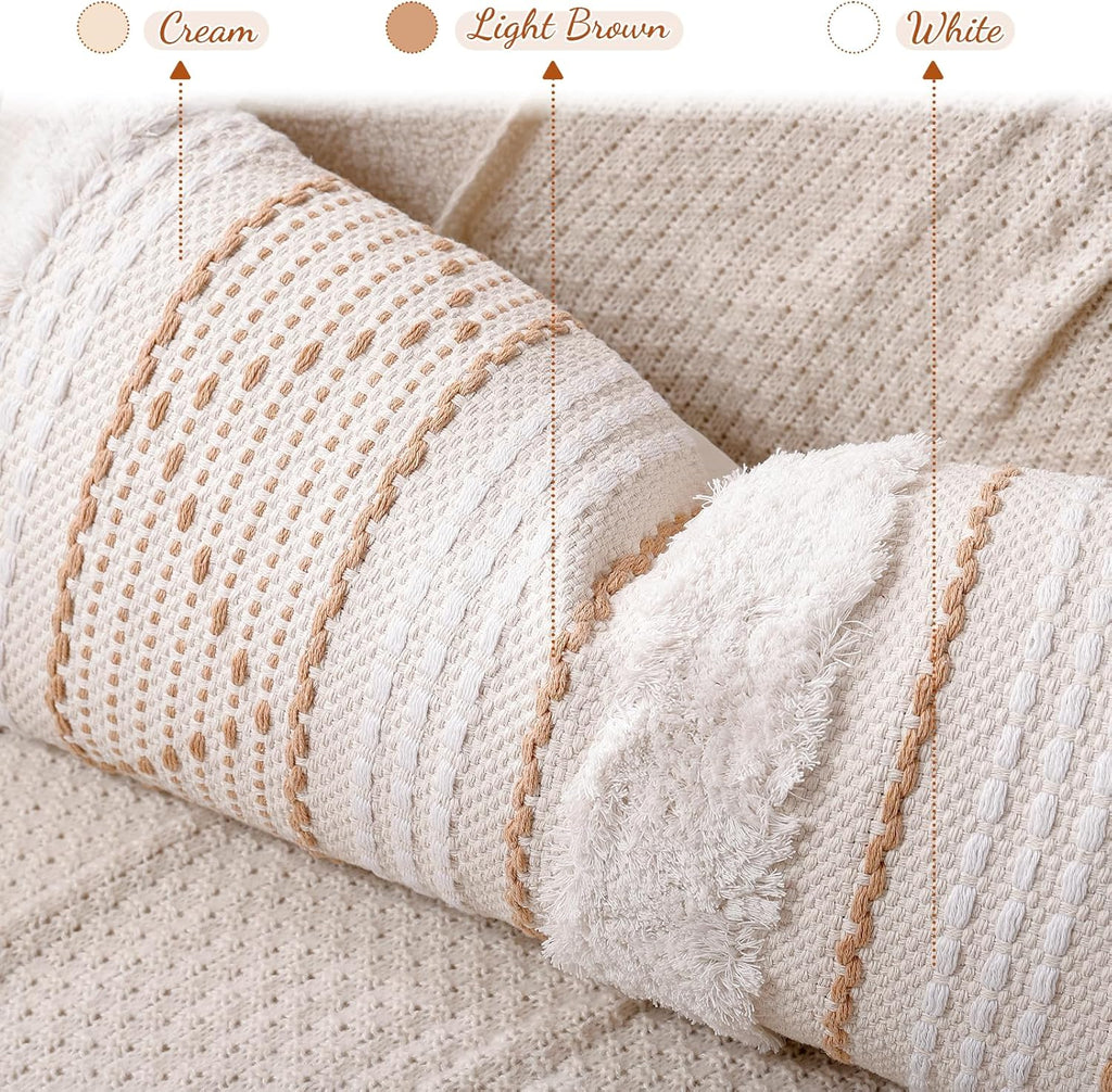 14×36" Beige Tufted Lumbar Pillow Cover with Tassels