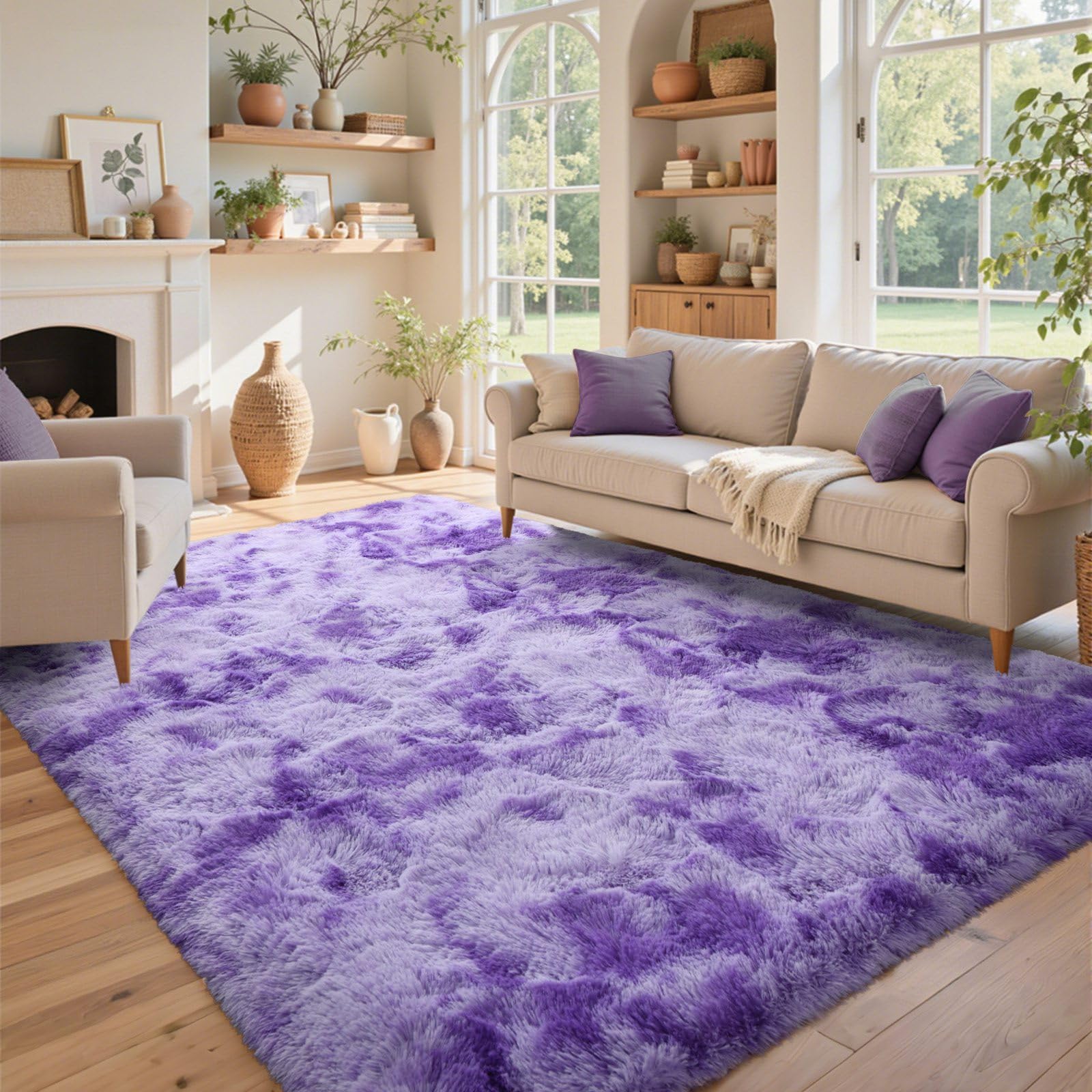 5×7ft Grey Fluffy Tie-Dyed Rug, Soft Shag Carpet for Home Decor