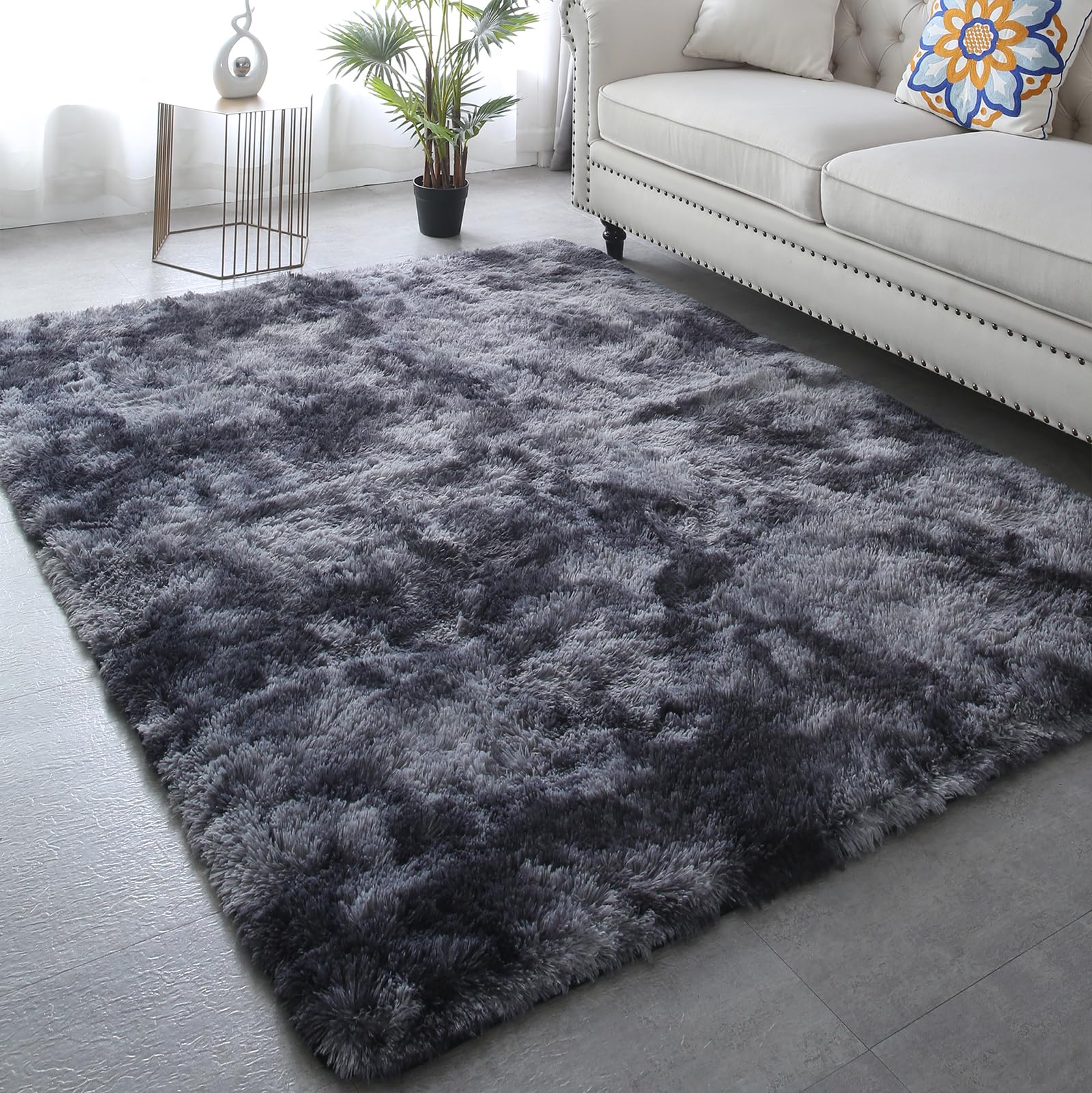 CAIYUECS Shag Area Rug,Indoor Ultra Soft Fluffy Plush Rugs for Bedroom Living Room, Non-Skid Modern Nursery Faux Fur Rugs for Kids Room Home Decor (Tie-Dyed Light Gray, 5x7 Feet)