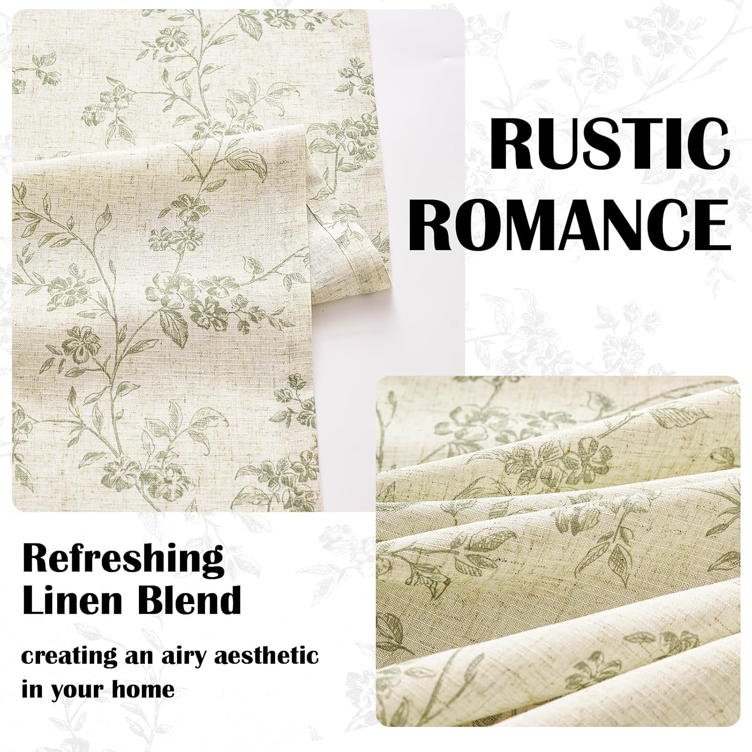 Lazzzy Linen Farmhouse Curtains Green Floral Curtains 63 Inch Length Back Tab Drapes for Living Room Bedroom Light Filtering Country Vintage Rod Pocket Curtain, 2 Panels, Green on Beige