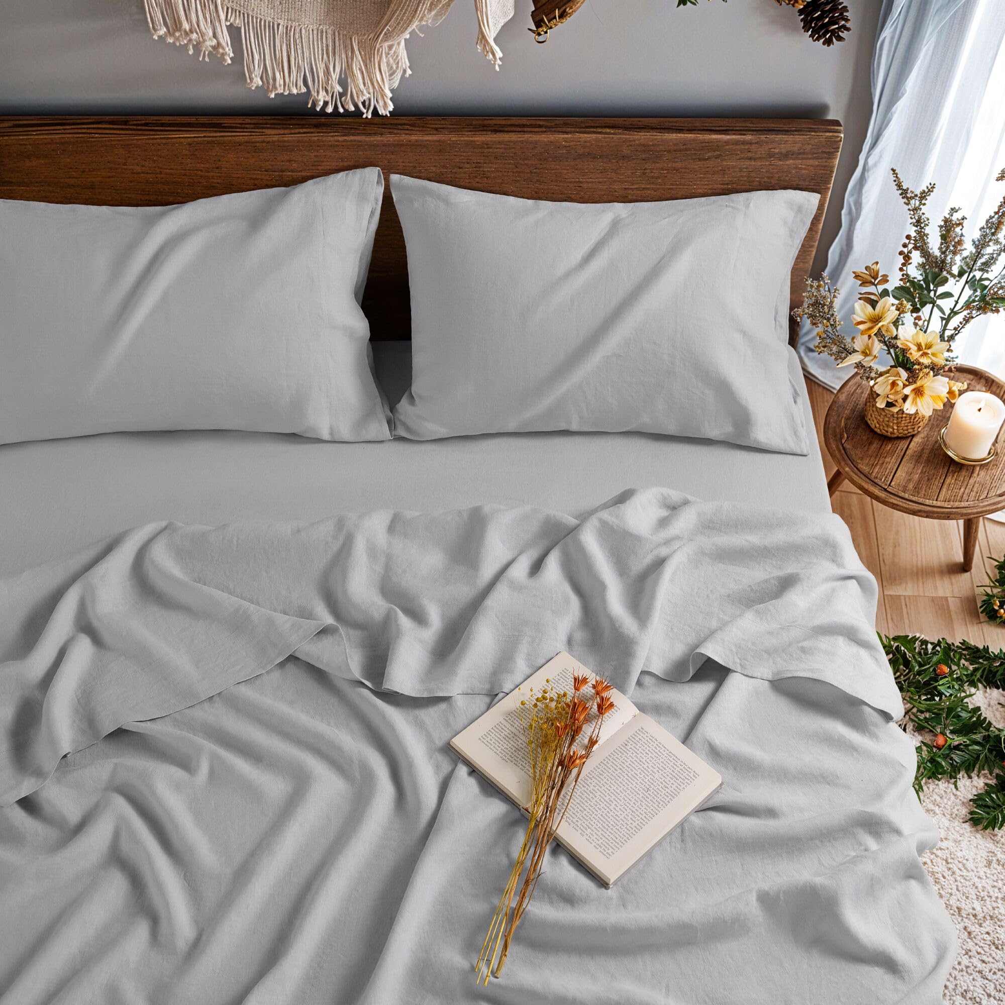 100% Pure Linen Sheet Set for Hot Sleepers, Breathable Natural Linen Sheets 4pcs, Bedding Set Deep Pocket Up to 16" Moisture-Wicking, Softens with Every Wash (Linen Queen)