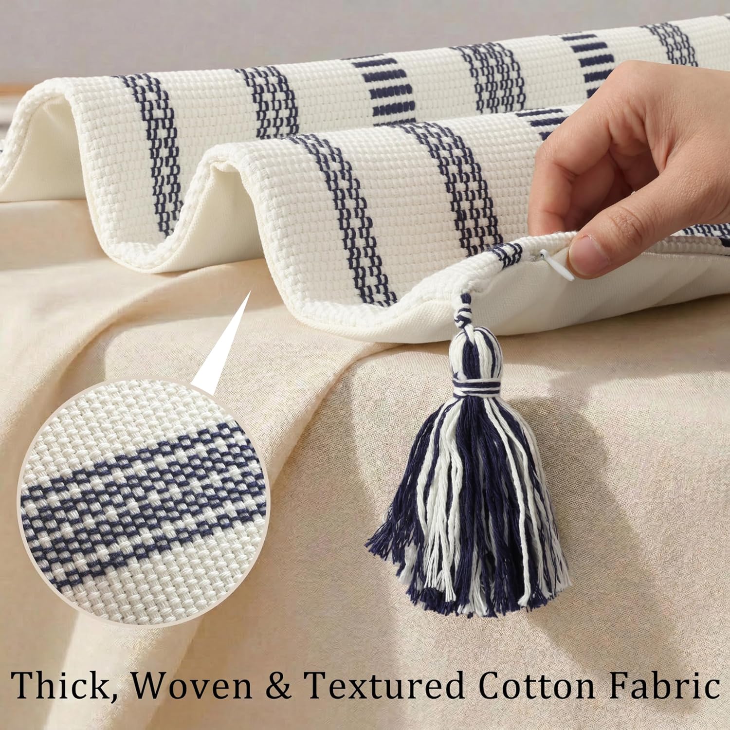 Smile Bee Boho Outdoor Couch Throw Pillow Covers Set of 2 Decorative Thick Woven Striped Accent Neutral Pillow Covers with Tassels for Bed Sofa Home Decor 20x20 Inch, Navy Blue and Cream White