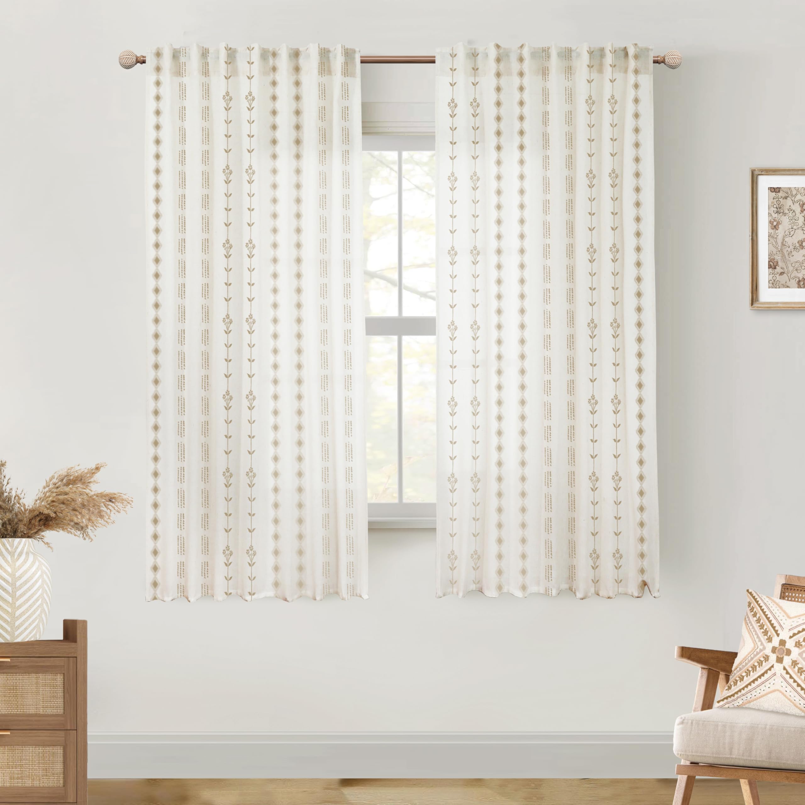 Linen Farmhouse Curtains for Living Room, Neutral Taupe Cream Light Filtering Boho Sheer Floral Patterned Curtains for Dining Room Bedroom 84 Inch Length 2 Panels Set