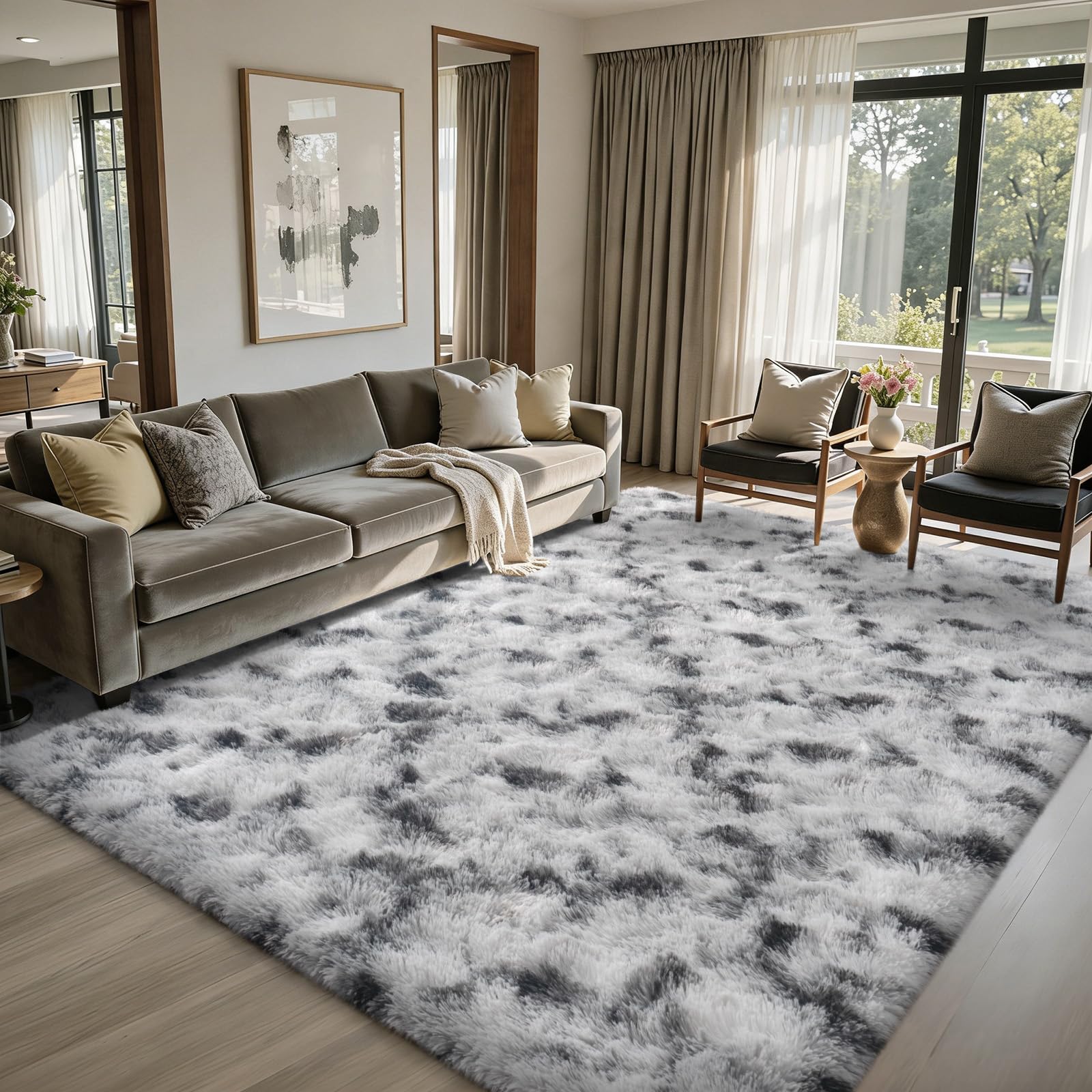 5×7ft Grey Fluffy Tie-Dyed Rug, Soft Shag Carpet for Home Decor
