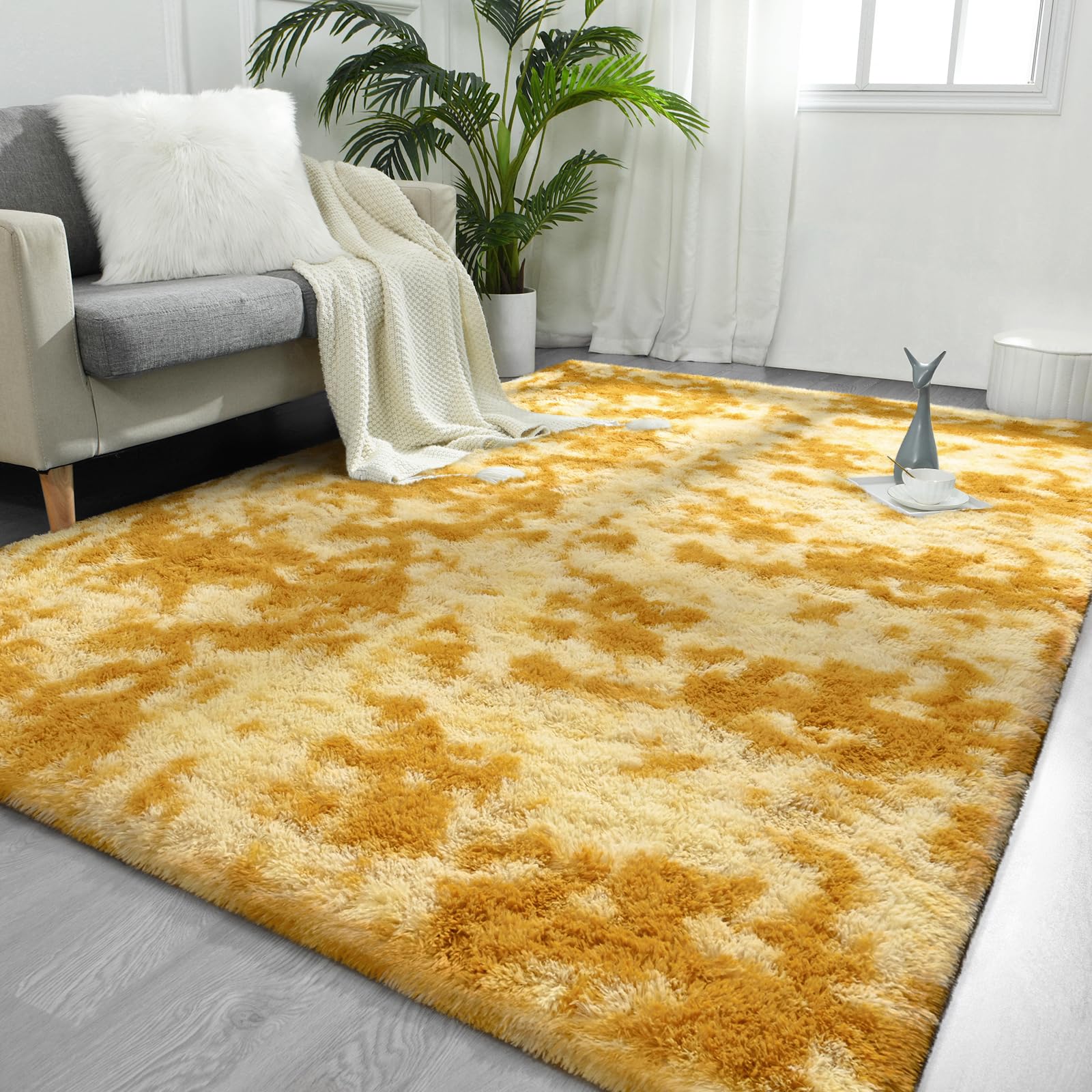 FlyDOIT Large Area Rugs for Living Room, 5x8 Feet Tie-Dyed Light Grey Shaggy Rug Fluffy Throw Carpets, Ultra Soft Plush Modern Indoor Fuzzy Rugs for Bedroom Girls Kids Nursery Room Dorm Home Decor