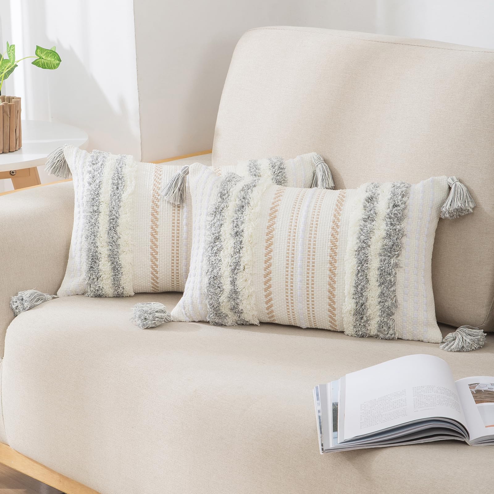 decorUhome Summer Decorative Boho Throw Pillow Covers 18x18 Set of 2, Accent Neutral Textured Tufted Pillow Covers Striped for Couch Bed Sofa Living Room, Khaki and Cream White