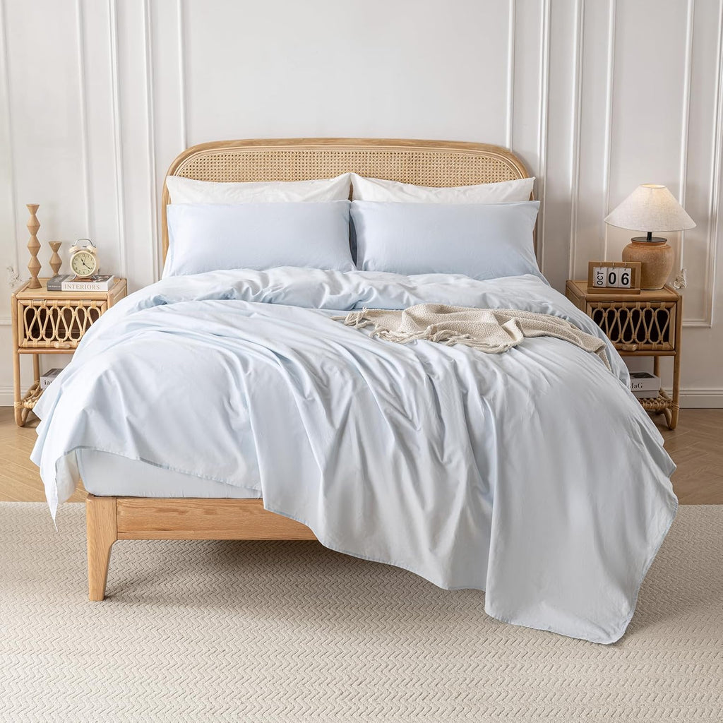 Yibeizi Light Blue 100% Washed Cotton Linen Feel Sheet Set Queen Size, 4 Pieces Deep Pocket Bed Sheets Soft Breathable Hotel Bedsheets