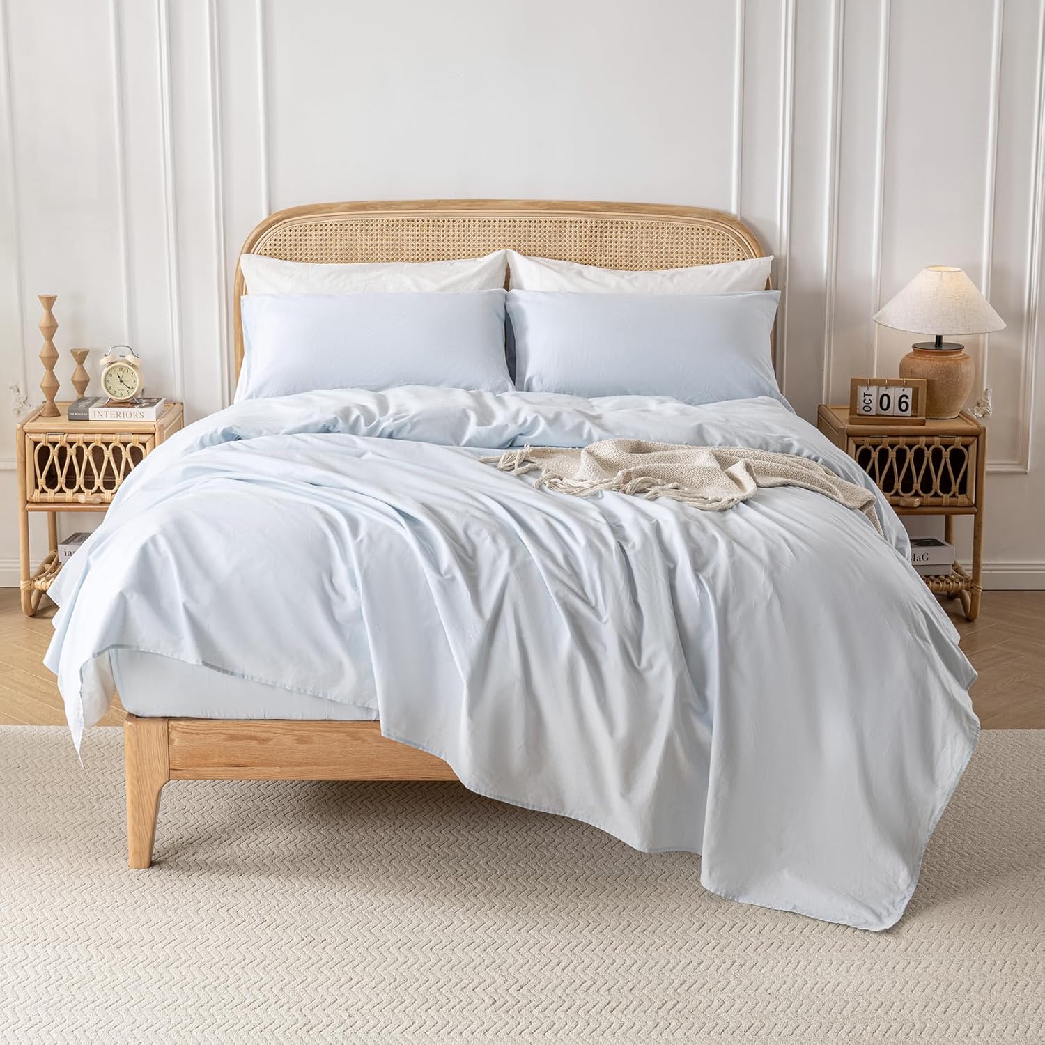 Yibeizi Light Blue 100% Washed Cotton Linen Feel Sheet Set Queen Size, 4 Pieces Deep Pocket Bed Sheets Soft Breathable Hotel Bedsheets