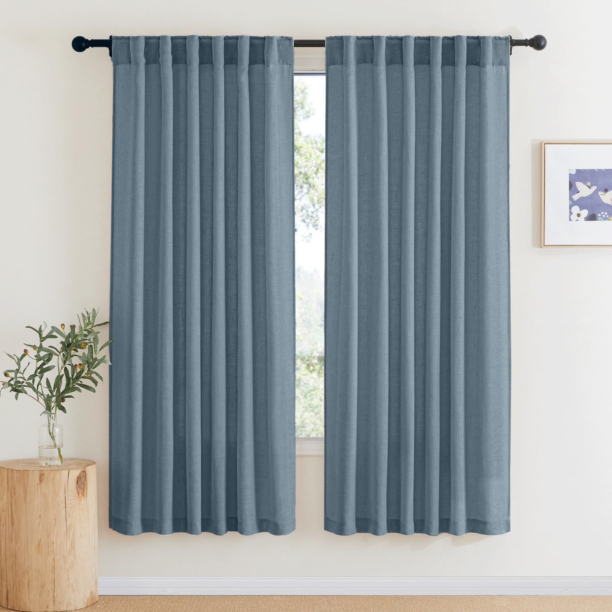 RYB HOME Linen Sheer Curtains and Drapes for Living Room 108 inches Length, Breathable Back Tab/Rod Pocket Semi Sheer Curtains, Oatmeal, W 52 x L 108 inches, 2 Panels Set