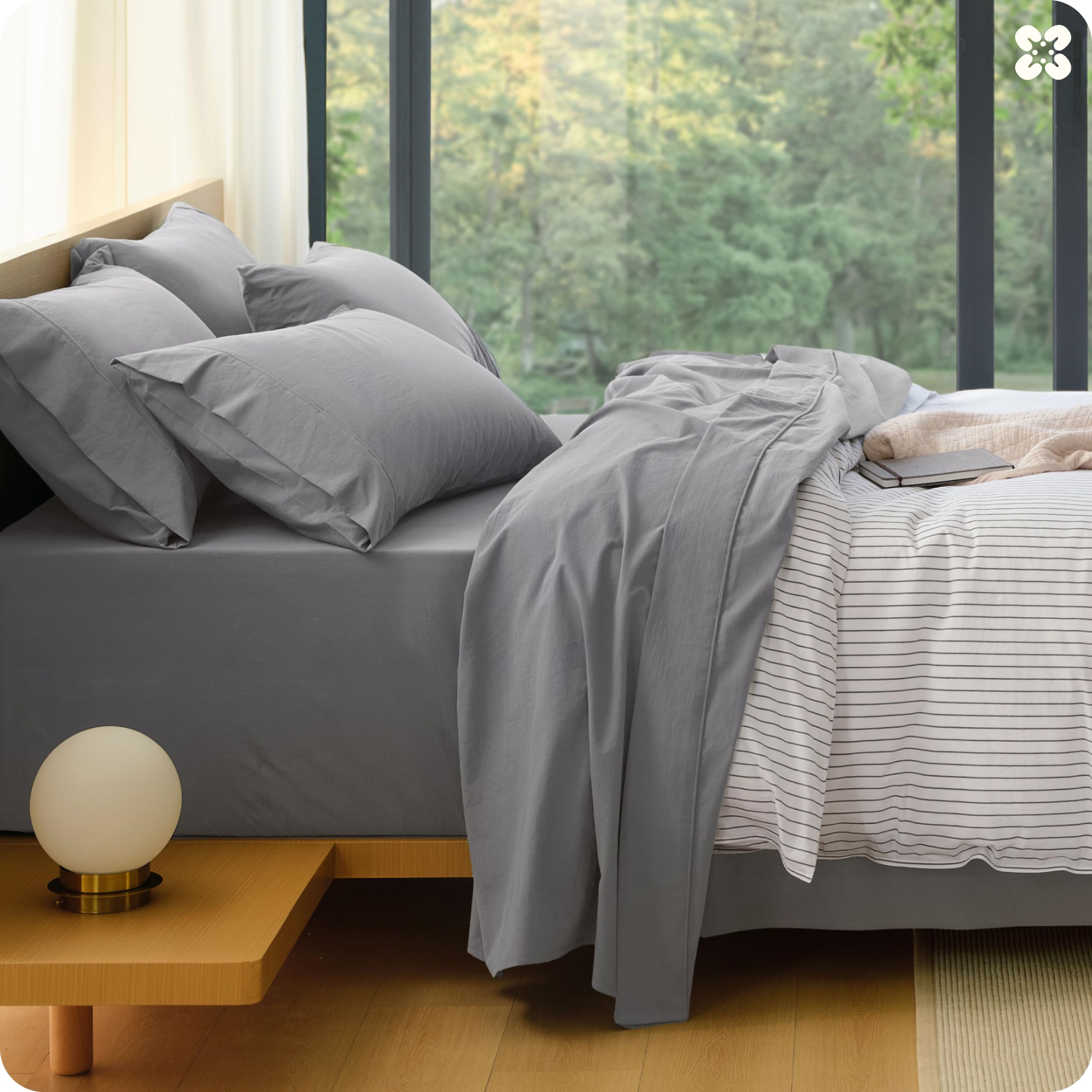 Bedsure 100% Washed Cotton Percale Sheets Queen Size - Linen Like Textured 6-Piece Bedsheet Set with 18" Deep Pocket, Breathable & PureWoven Soft Comfy (Linen Beige, Queen)
