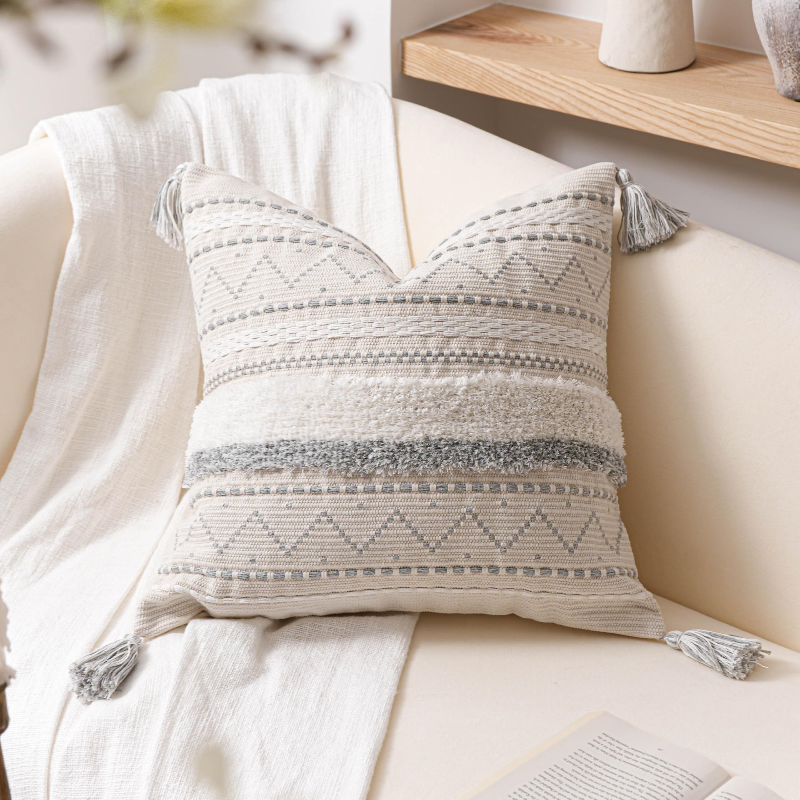 BlissBlush Decorative Throw Pillow Covers 18x18 Combo Set of 2 Square Boho Black Neutral Accent Pillowcase Tassels Farmhouse Cushion for Couch Sofa Bedroom Living Room Home Décor Cover ONLY