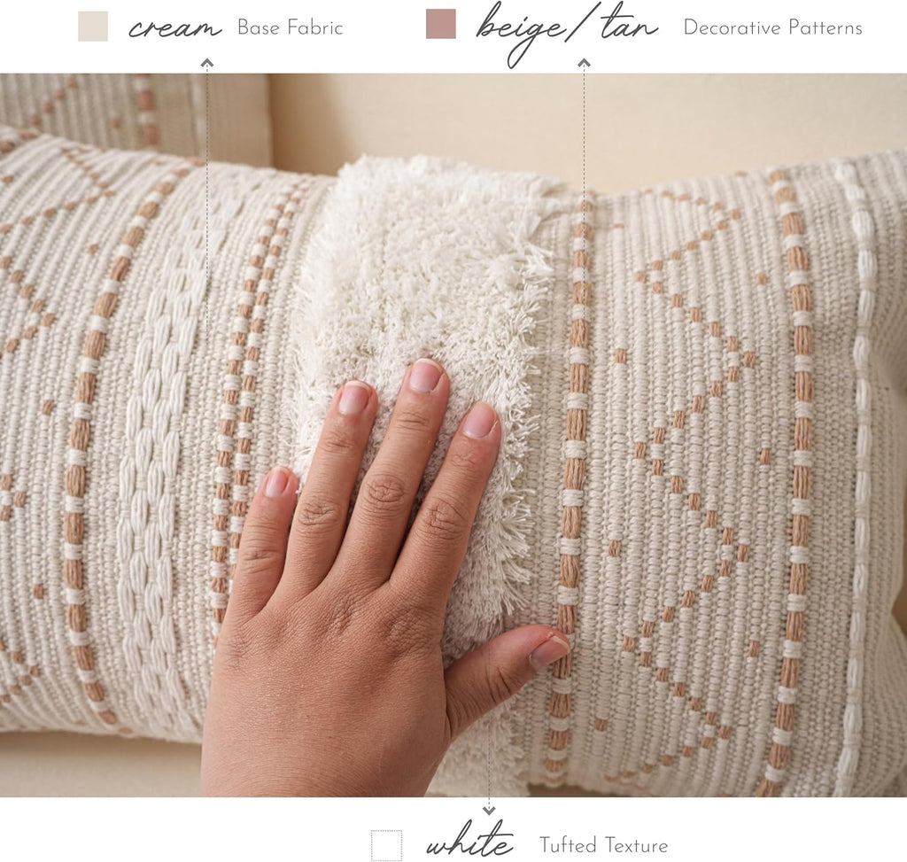 BlissBlush Decorative Throw Pillow Covers 20x20 Combo Set of 2 Square Cream Neutral White Boho Accent Pillowcase Tassels Farmhouse Cushion for Couch Sofa Bedroom Living Room Home Décor Cover ONLY