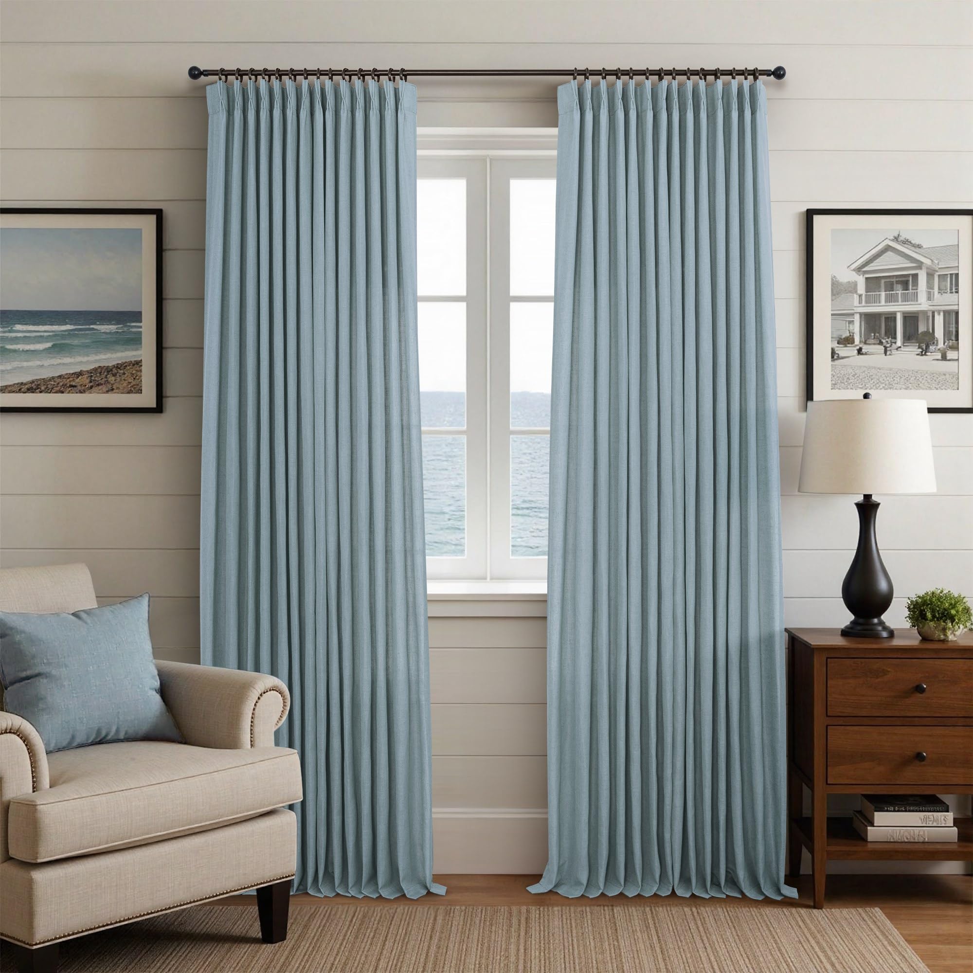 Natural Pinch Pleated Linen Cream Curtains 84 Inch Length 2 Panels for Living Room Bedroom Ivory Semi Sheer Light Filtering Modern Farmhouse Boho Neutral Rustic Long Drapes Back Tab Pleat Hooks Rings