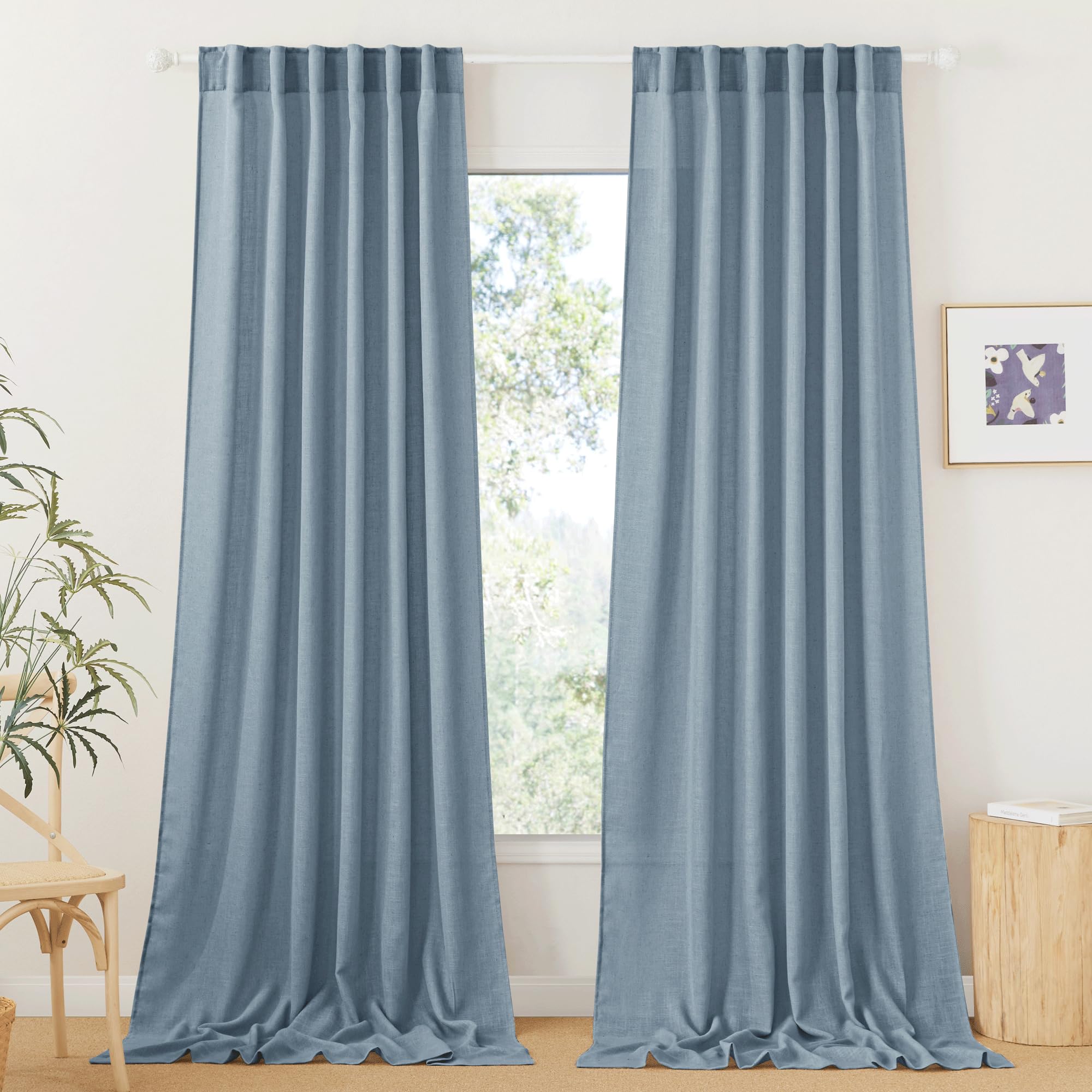 RYB HOME Linen Sheer Curtains and Drapes for Living Room 108 inches Length, Breathable Back Tab/Rod Pocket Semi Sheer Curtains, Oatmeal, W 52 x L 108 inches, 2 Panels Set