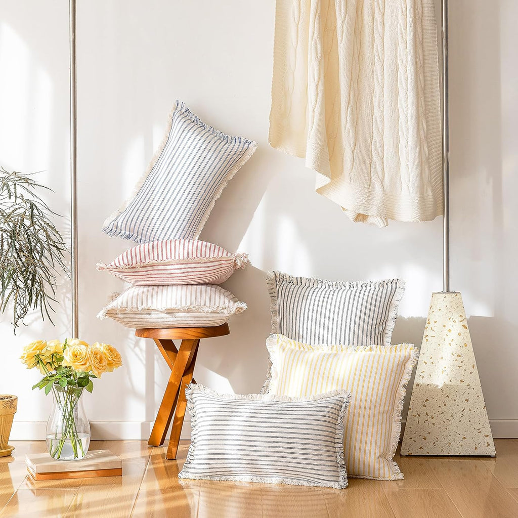 YEENAASY Throw Pillow Covers 22x22 Set of 2 Striped Fringe Pillow Cover Farmhouse Cushion Covers with Tassel Neutral Boho Pillows Decorative Square Pillowcase for Couch Sofa Bed, Blue