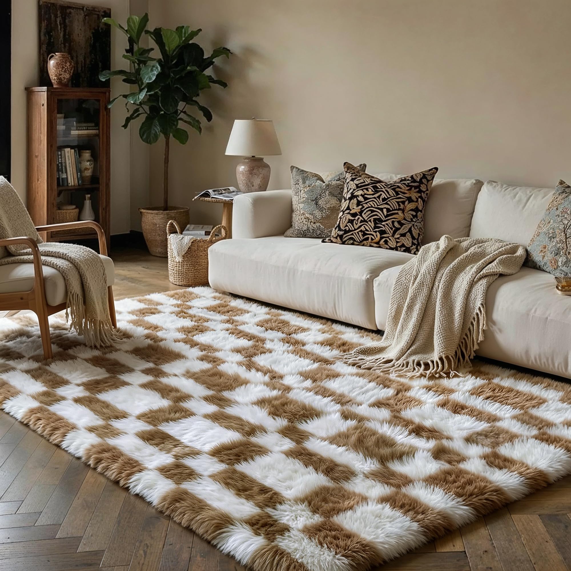 HUGEAR 8x10 Checkered Rug Coloful Living Room Modern Shag Rug Super Soft Washable Indoor Fuzzy Carpet Fluffy Vacuumable Rainbow Area Rugs for Bedroom Home Decor Non Slip