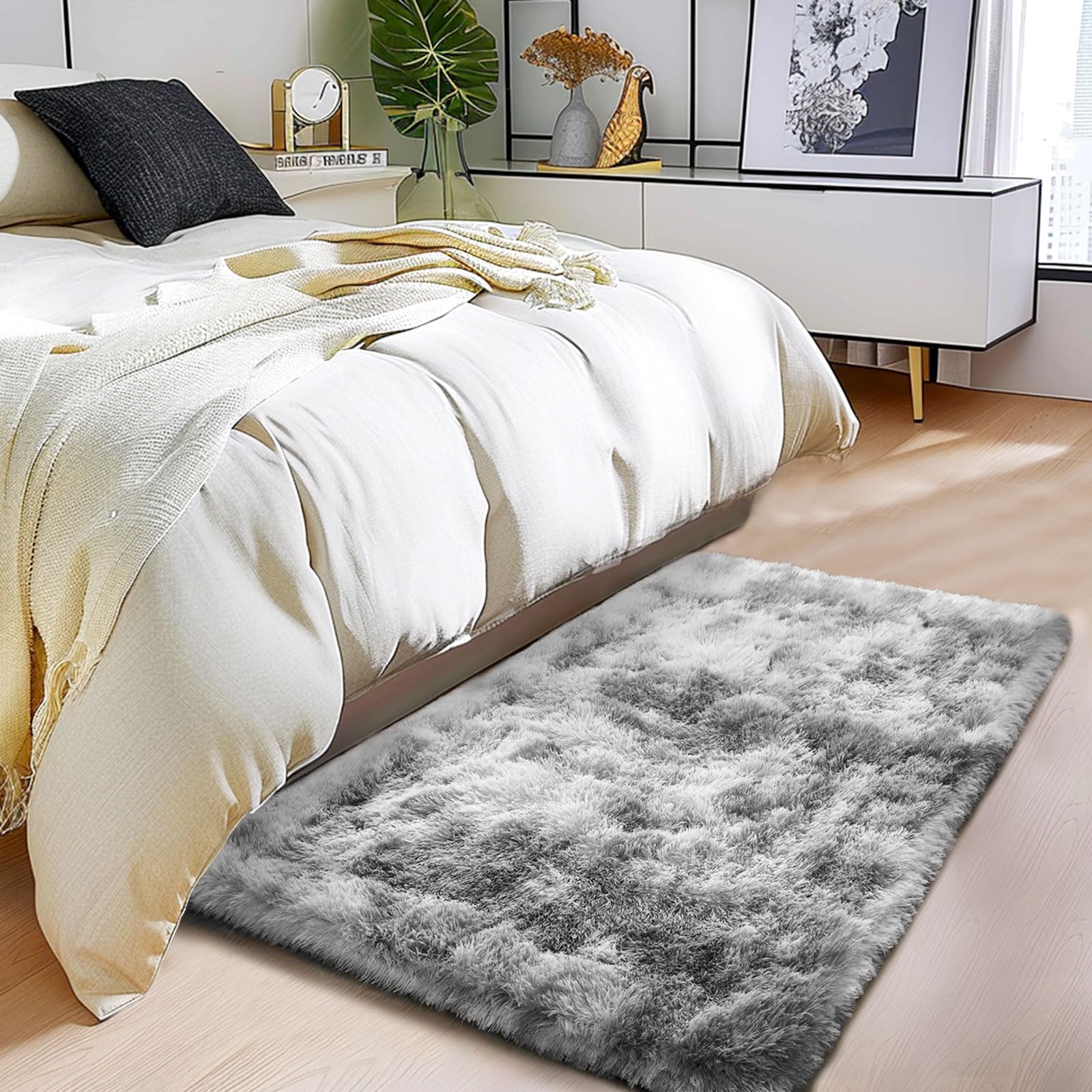 Shaggy Area Rugs, Fuzzy Rugs for Living Room, Soft Nursery Area Rug for Girls, Tie Dye Black Gray Plush Area Rugs Non Slip, Fluffy Rug Carpet 8x10ft
