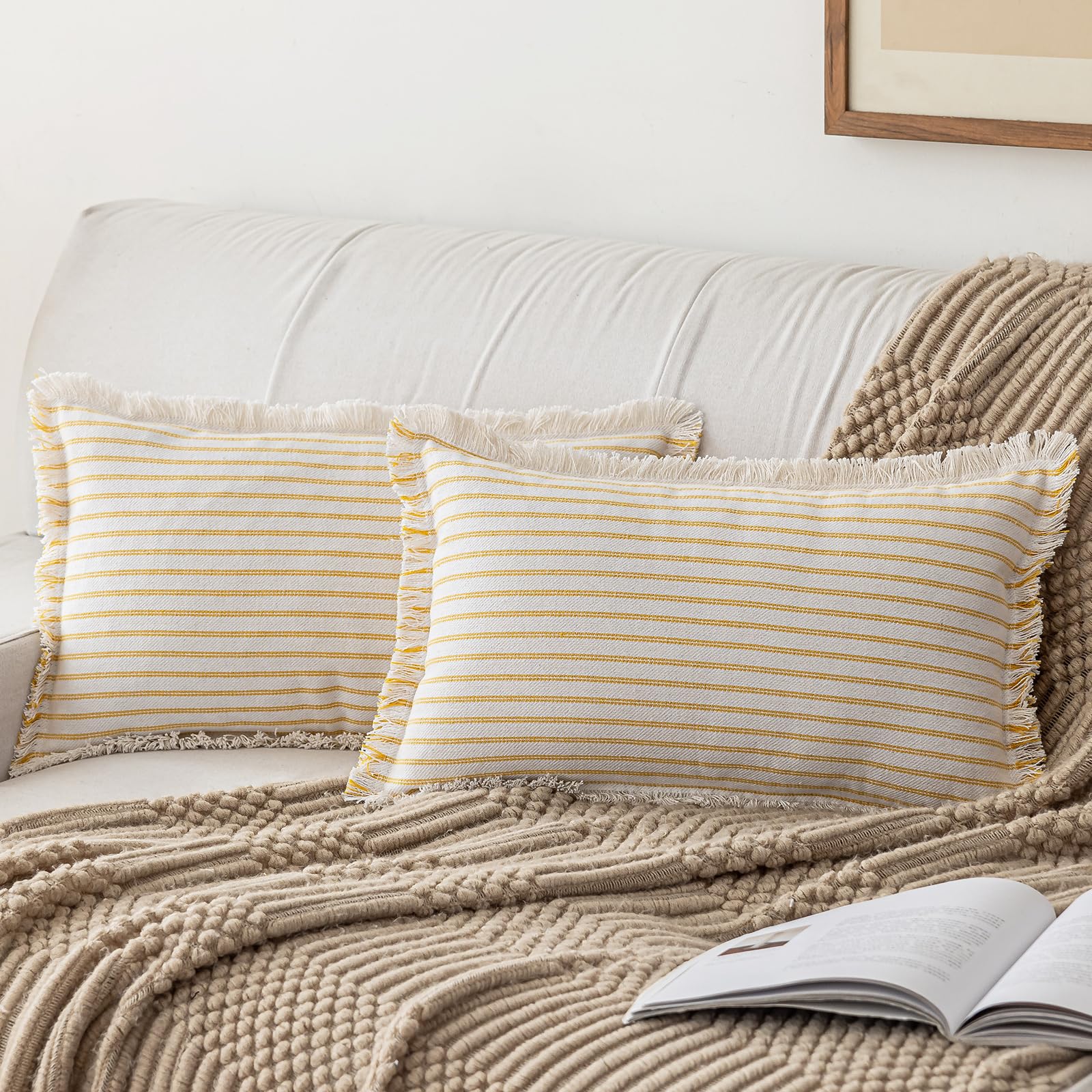 YEENAASY Throw Pillow Covers 22x22 Set of 2 Striped Fringe Pillow Cover Farmhouse Cushion Covers with Tassel Neutral Boho Pillows Decorative Square Pillowcase for Couch Sofa Bed, Blue