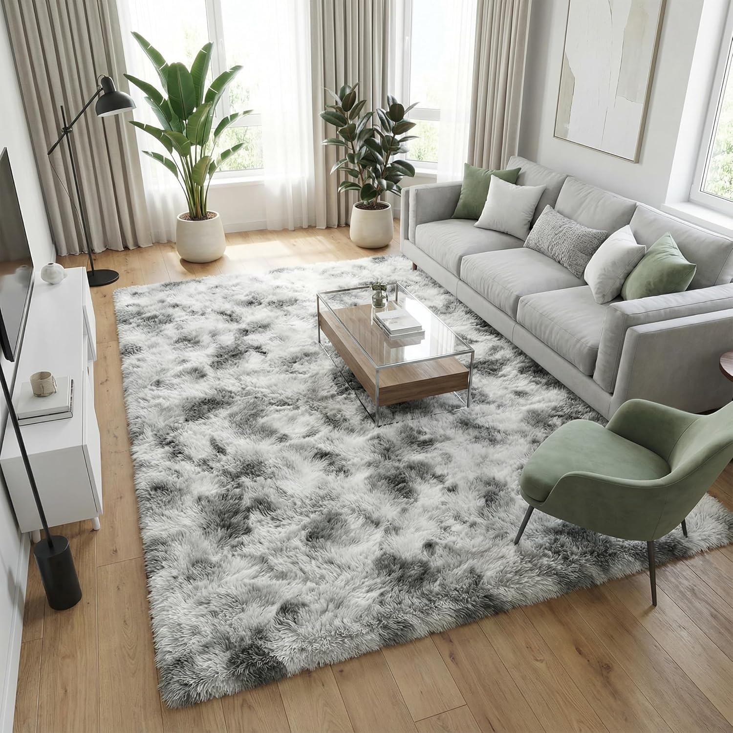 Fluffy 5x7 Area Rugs for Bedroom: Tie-dye White Grey Soft Shag Rug for Living Room, Large Fuzzy Plush Indoor Floor Carpet Non Slip Modern Rug for Nursery Boys Girls Kids Room Playroom Dorms Home Decor