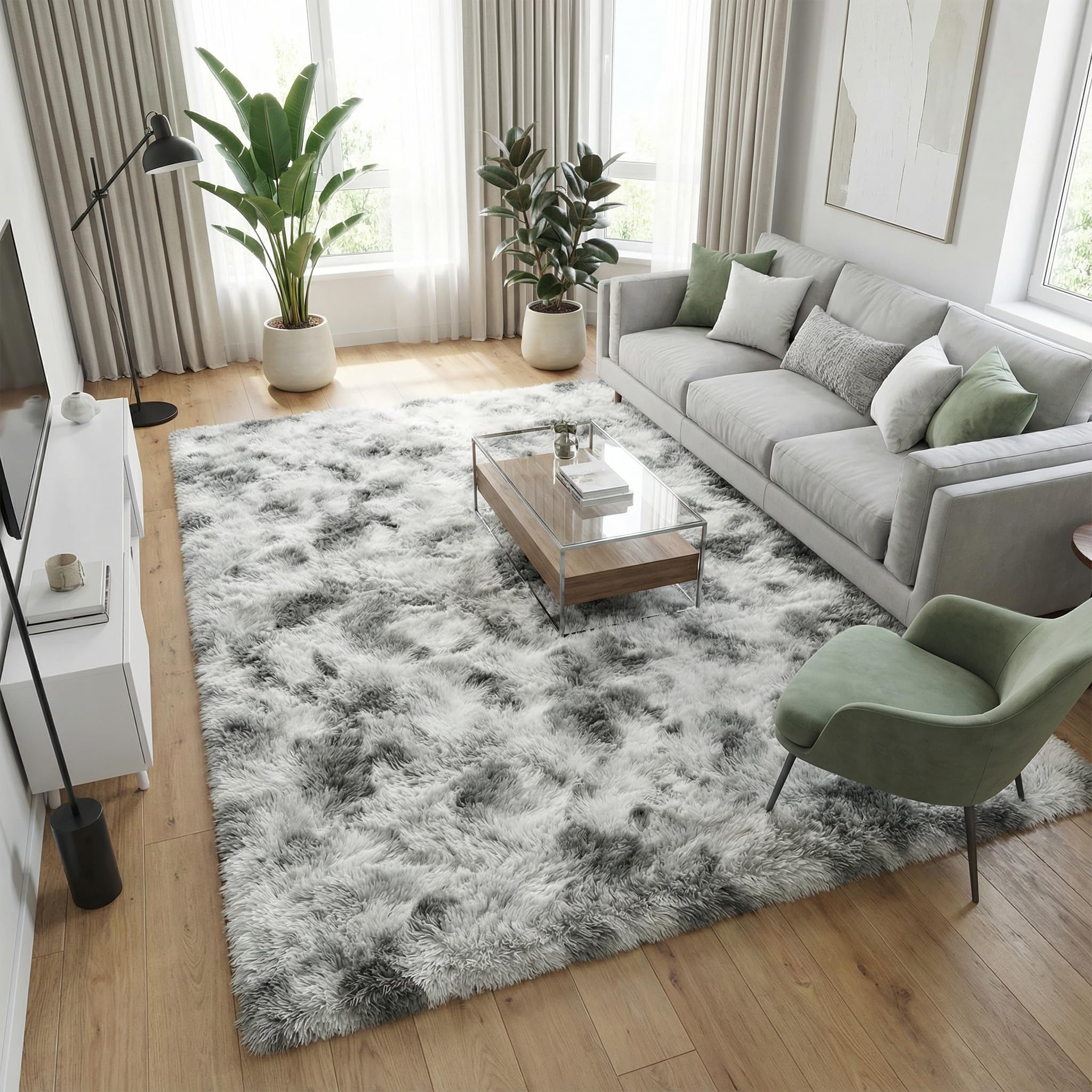 Fluffy 5x7 Area Rugs for Bedroom: Tie-dye White Grey Soft Shag Rug for Living Room, Large Fuzzy Plush Indoor Floor Carpet Non Slip Modern Rug for Nursery Boys Girls Kids Room Playroom Dorms Home Decor