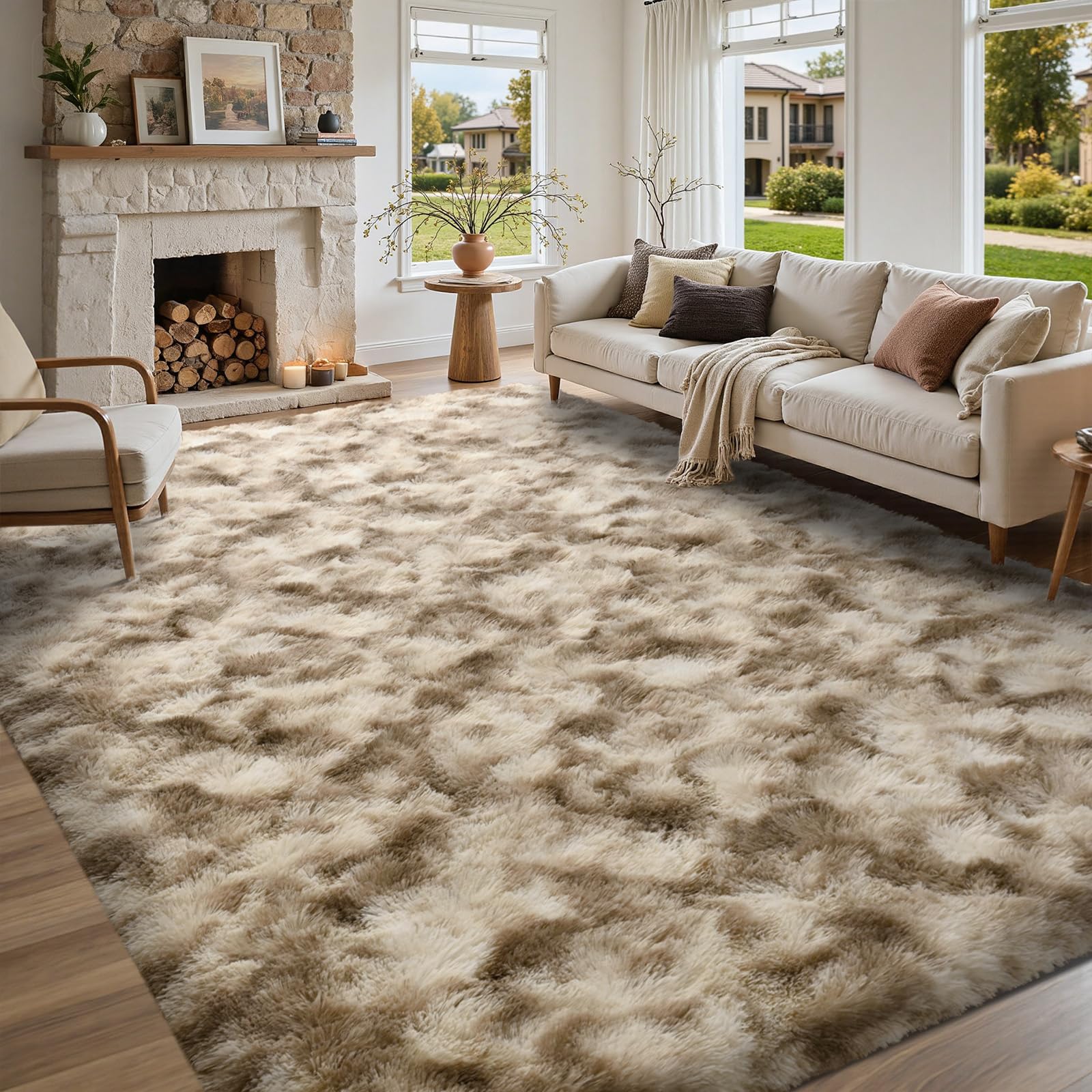 5×7ft Grey Fluffy Tie-Dyed Rug, Soft Shag Carpet for Home Decor