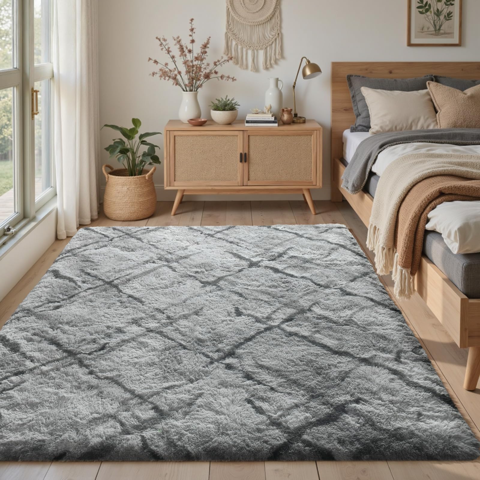 5×7ft Grey Fluffy Tie-Dyed Rug, Soft Shag Carpet for Home Decor