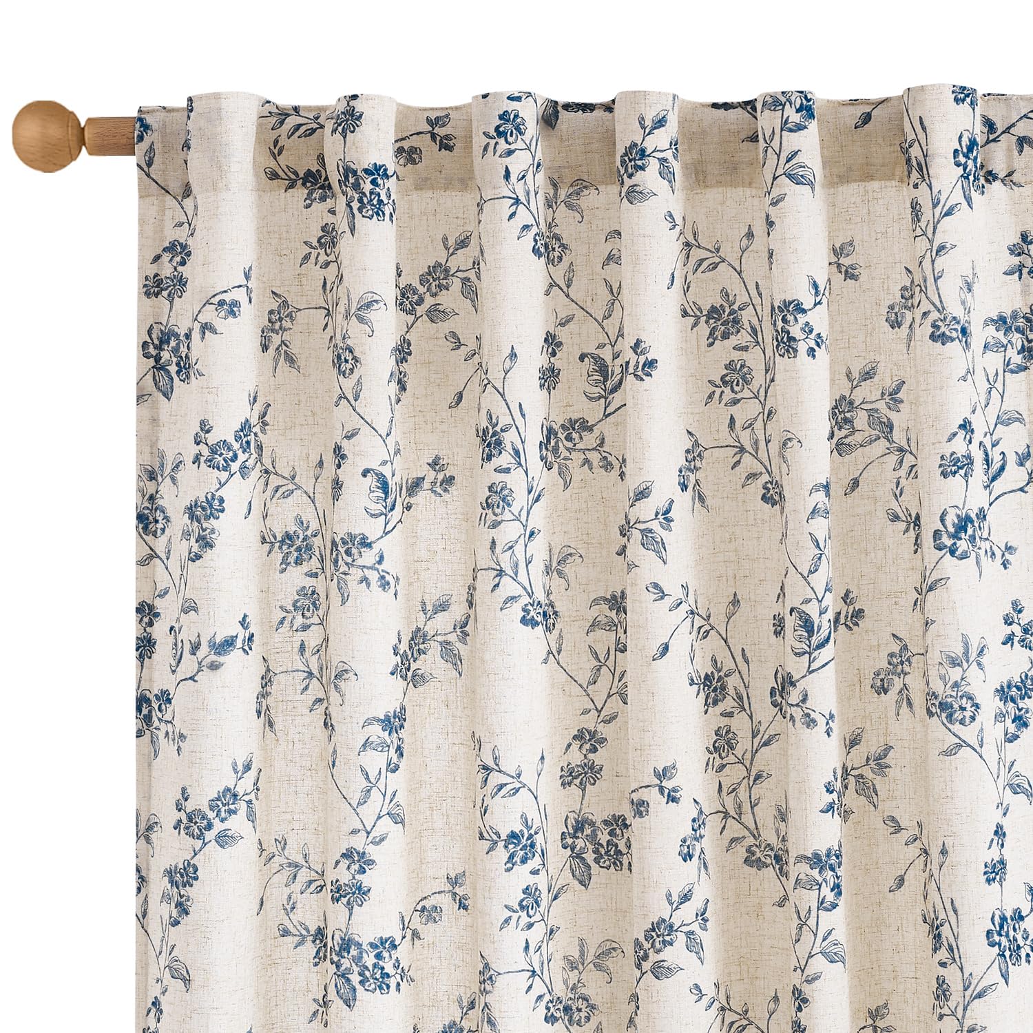 Lazzzy Linen Farmhouse Curtains Green Floral Curtains 63 Inch Length Back Tab Drapes for Living Room Bedroom Light Filtering Country Vintage Rod Pocket Curtain, 2 Panels, Green on Beige