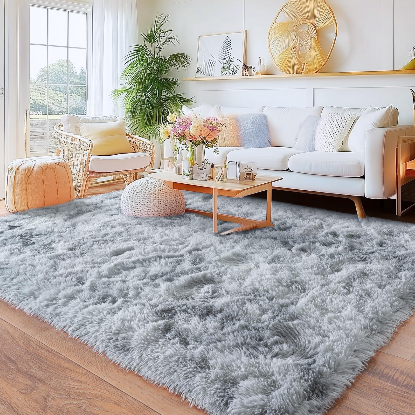 8x10 Area Rugs for Living Room, Large Ultra Fluffy Fuzzy Shag Rug for Bedroom, Modern Plush Soft High Pile Upgrade Non-Slip Carpet for Kids Girls and Boys Room Decor, Tie-Dyed Blue Grey