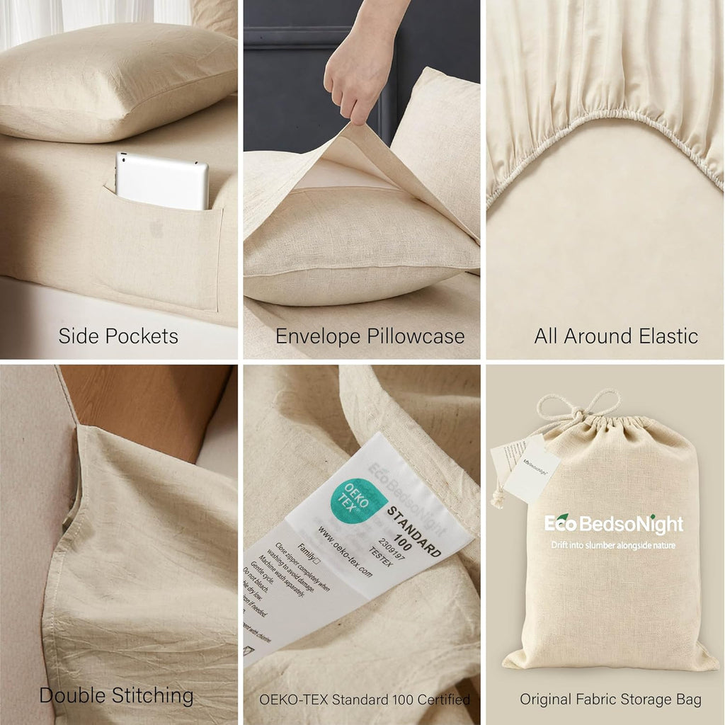 Linen Sheets Queen Size, Cotton Linen Bed Sheets, Breathable, Durable Bed Sets 18" Deep Pocket(Natural Linen)