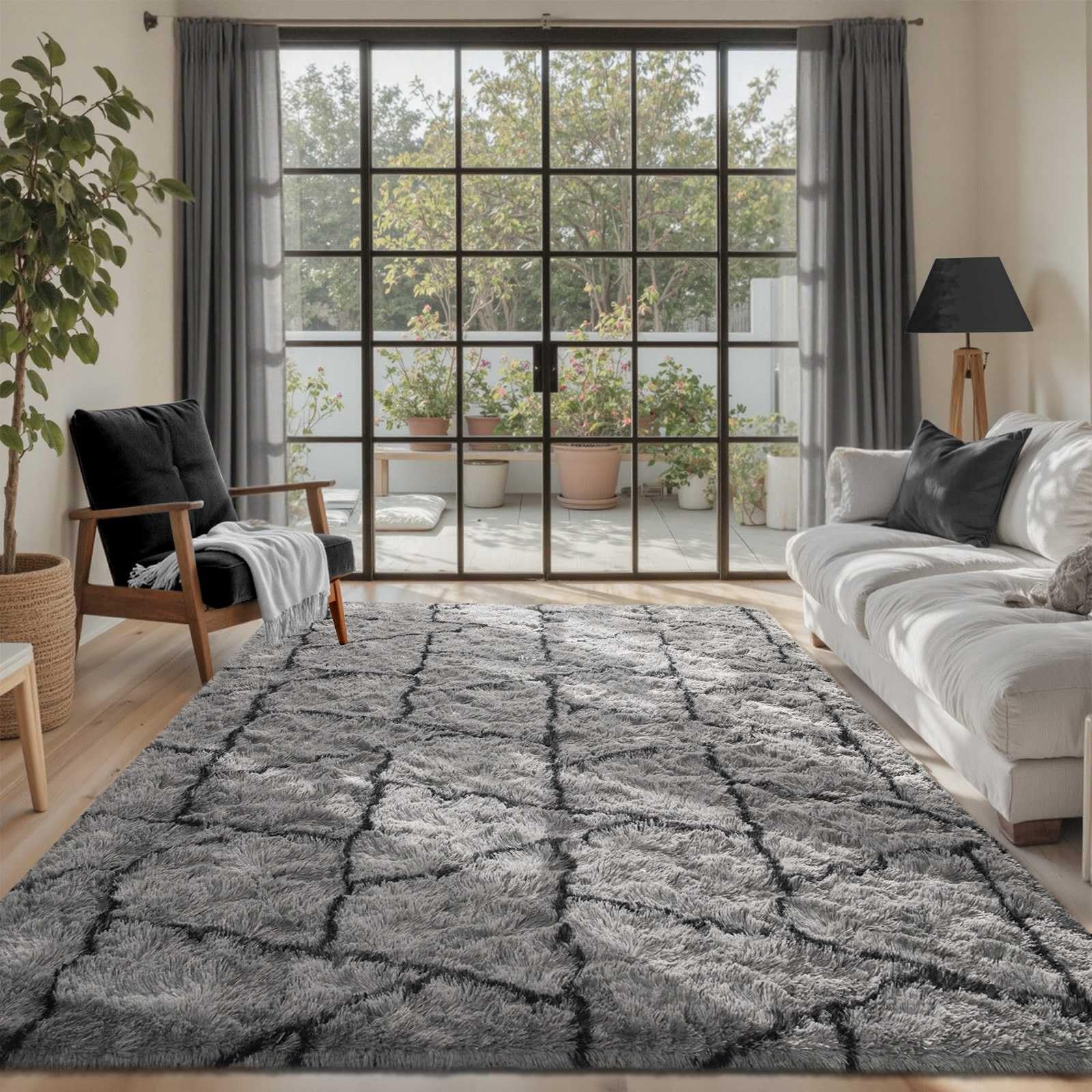 5×7ft Grey Fluffy Tie-Dyed Rug, Soft Shag Carpet for Home Decor