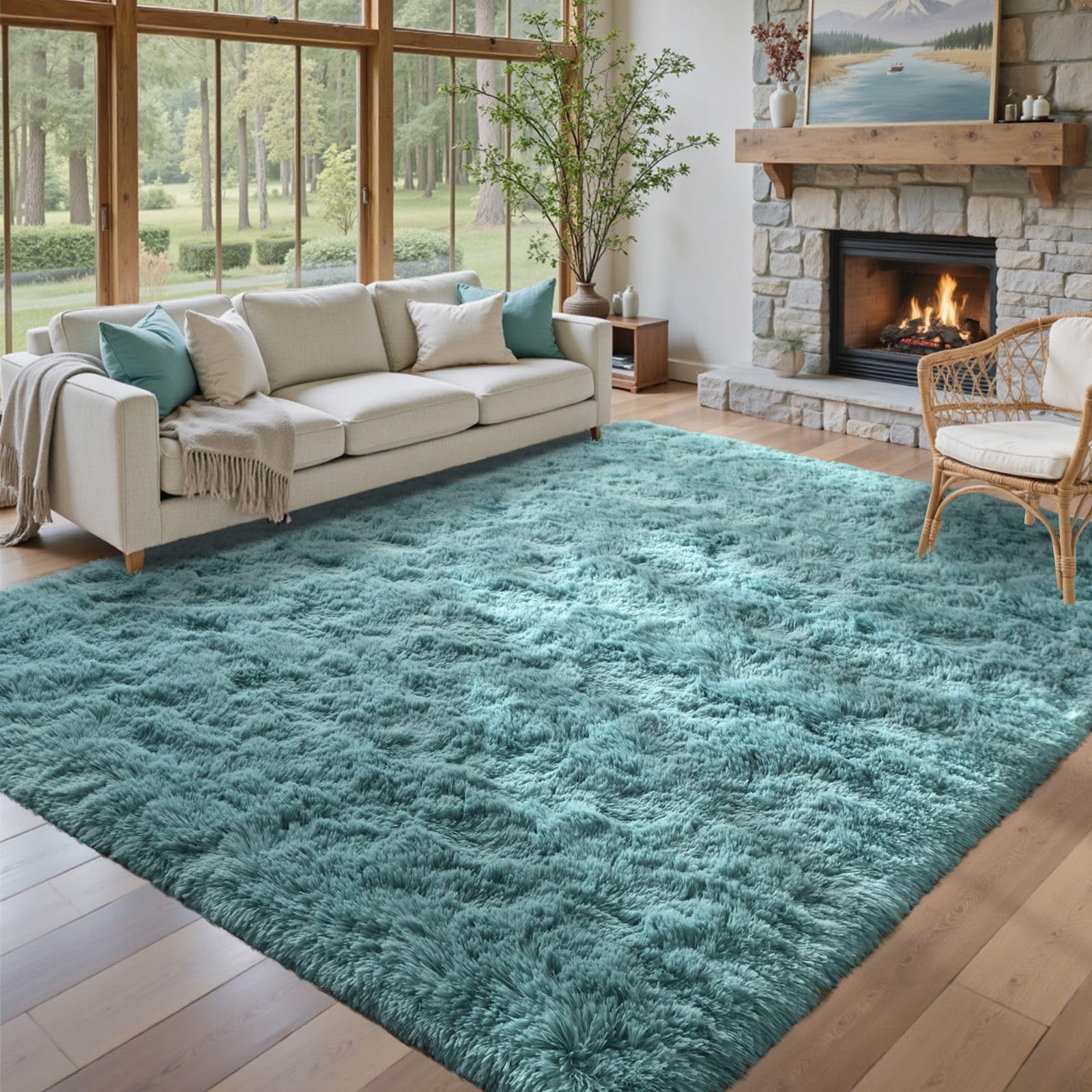 5×7ft Grey Fluffy Tie-Dyed Rug, Soft Shag Carpet for Home Decor