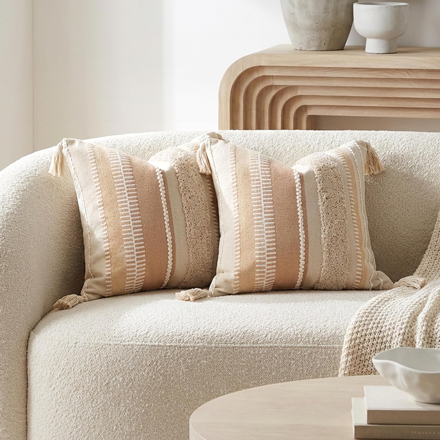 BlissBlush Decorative Throw Pillow Cover 20x20 Combo Set of 2 Square Neutral Beige Boho Accent Pillowcase Tassels Farmhouse Cushion for Couch Sofa Bedroom Living Room Home Décor Cover ONLY