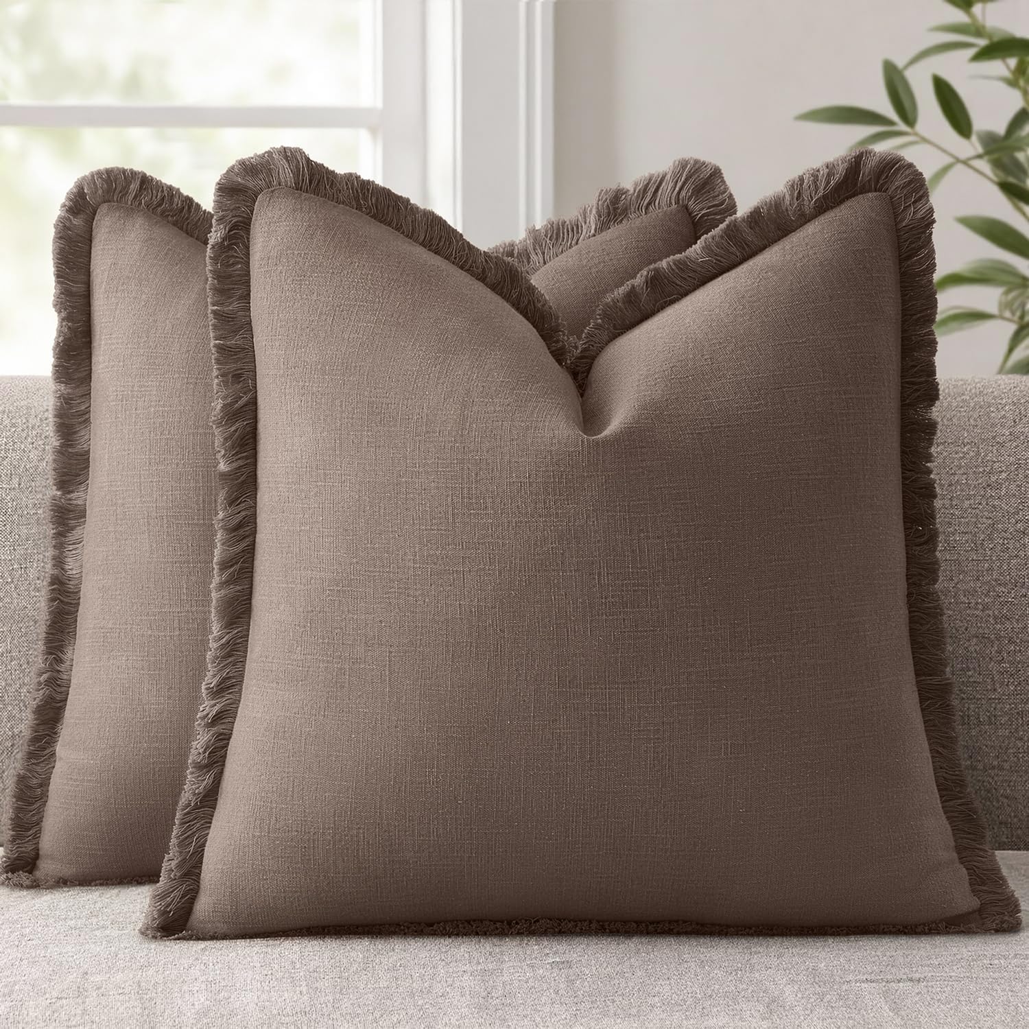 ANRODUO Set of 2 Decorative Throw Pillow Covers 26×26 Inch Soft Linen Fringe Farmhouse Boho Vintage Cushion Covers with Tassels Accent Pillowcase for Couch Sofa Bed Living Room Summer Decor Cream