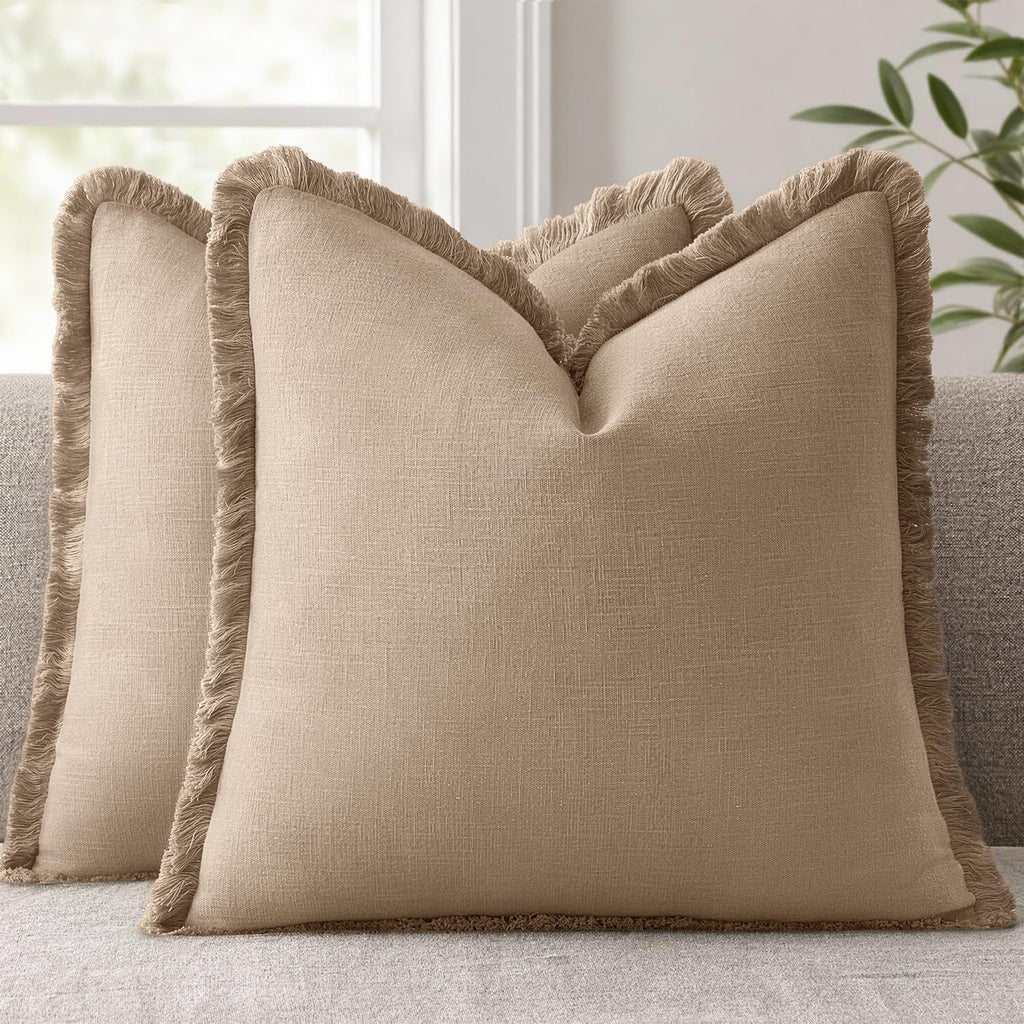 ANRODUO Set of 2 Decorative Throw Pillow Covers 26×26 Inch Soft Linen Fringe Farmhouse Boho Vintage Cushion Covers with Tassels Accent Pillowcase for Couch Sofa Bed Living Room Summer Decor Cream