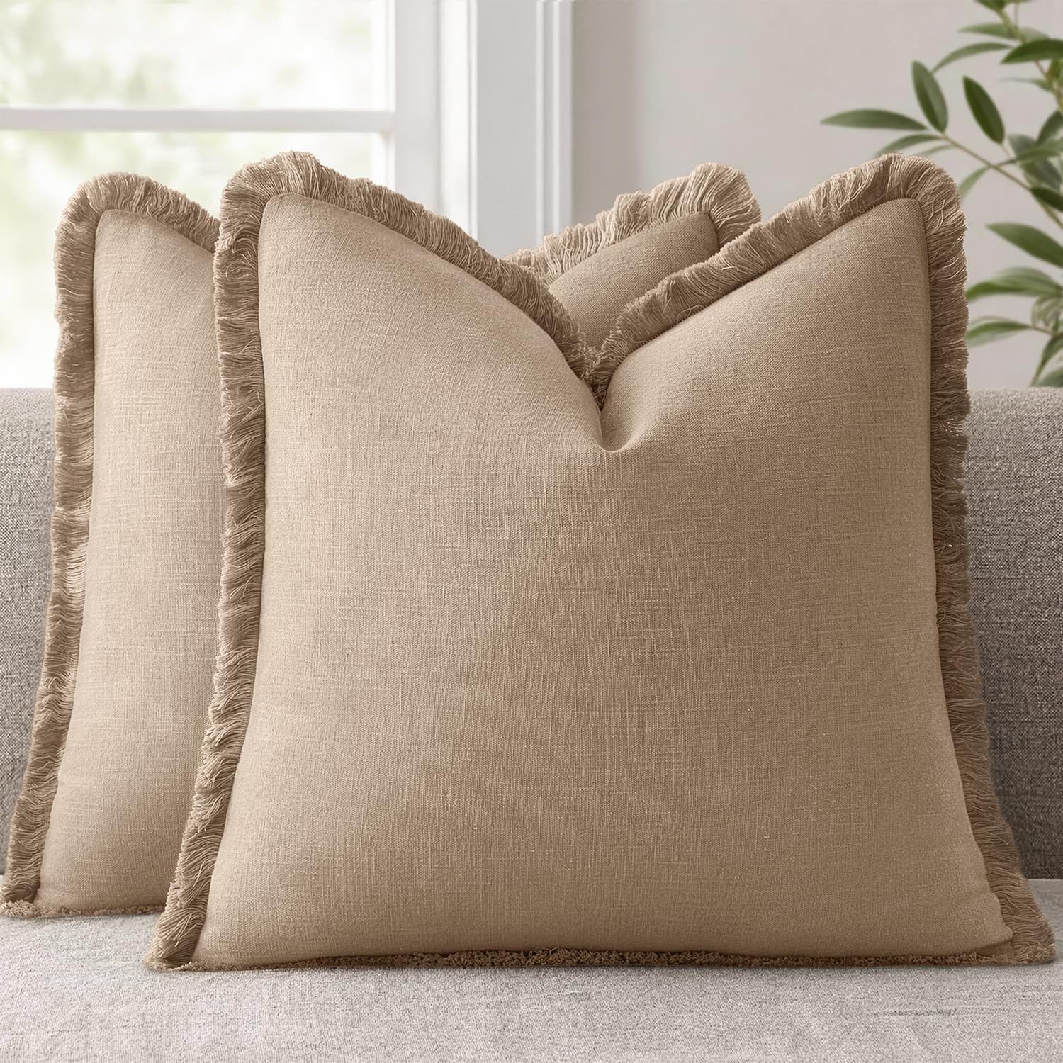 ANRODUO Set of 2 Decorative Throw Pillow Covers 26×26 Inch Soft Linen Fringe Farmhouse Boho Vintage Cushion Covers with Tassels Accent Pillowcase for Couch Sofa Bed Living Room Summer Decor Cream