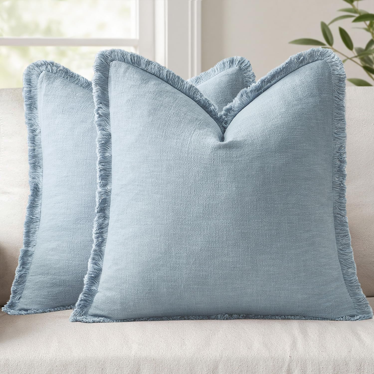 ANRODUO Set of 2 Decorative Throw Pillow Covers 26×26 Inch Soft Linen Fringe Farmhouse Boho Vintage Cushion Covers with Tassels Accent Pillowcase for Couch Sofa Bed Living Room Summer Decor Cream