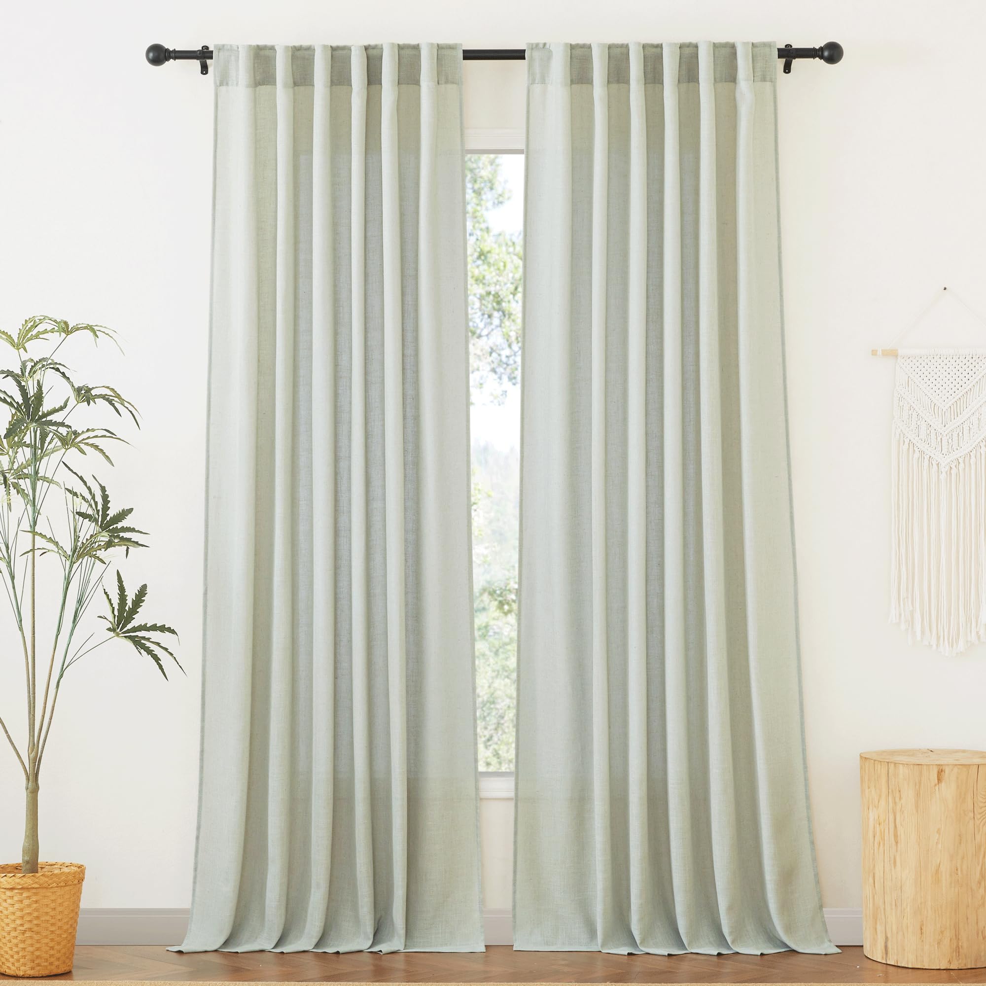 RYB HOME Linen Sheer Curtains and Drapes for Living Room 108 inches Length, Breathable Back Tab/Rod Pocket Semi Sheer Curtains, Oatmeal, W 52 x L 108 inches, 2 Panels Set