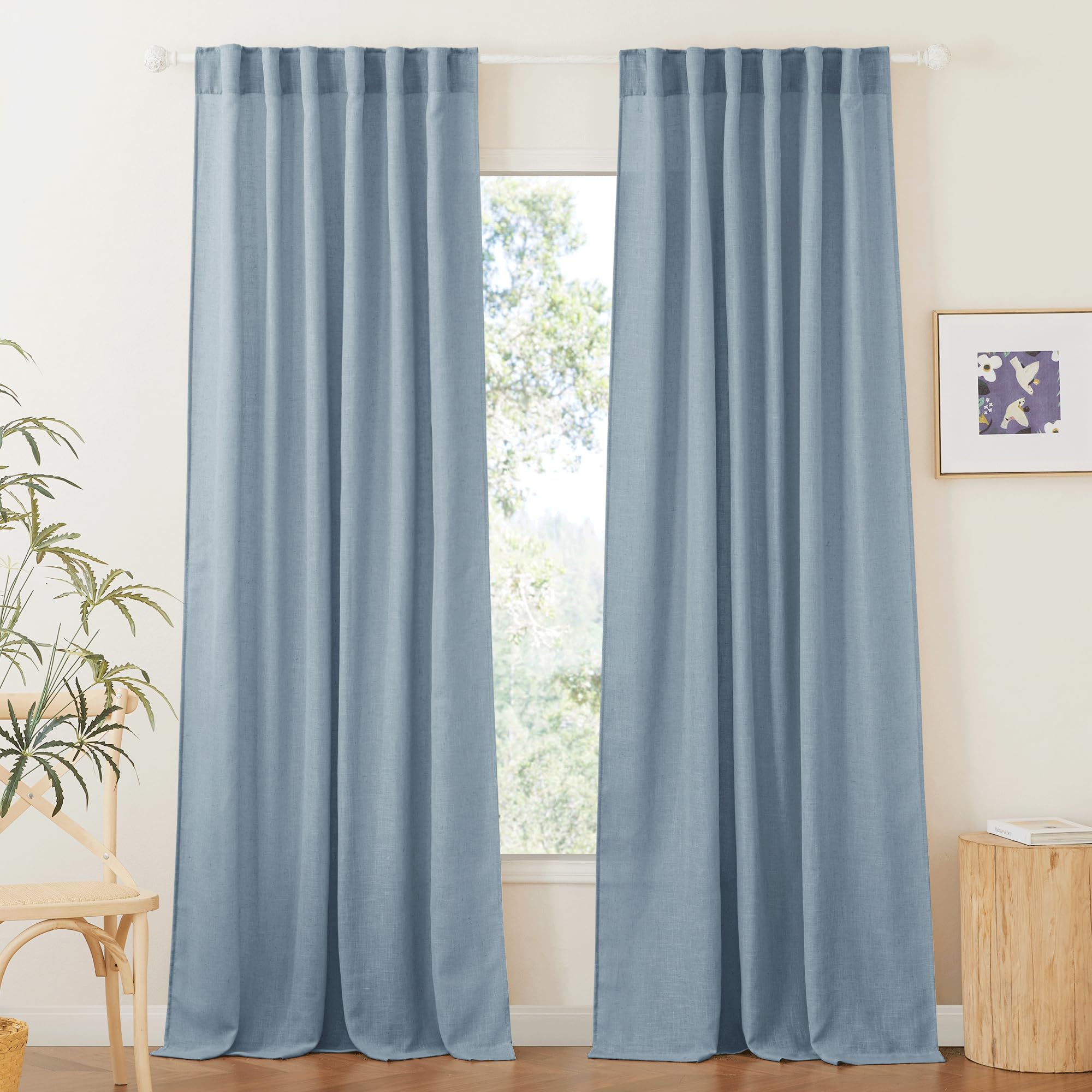 RYB HOME Linen Sheer Curtains and Drapes for Living Room 108 inches Length, Breathable Back Tab/Rod Pocket Semi Sheer Curtains, Oatmeal, W 52 x L 108 inches, 2 Panels Set