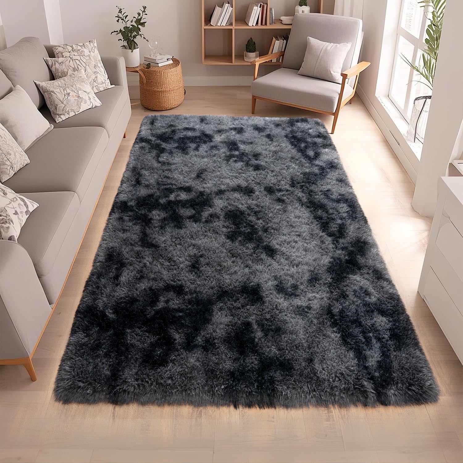 Tie-Dyed Grey Rugs for Bedroom 5x7 ft - Ultra Soft Faux Fur Area Rug - Plush Non-Slip Shaggy Carpet for Living Room, Cozy Fluffy Rug for Kids Boys Girls Dorm Nursery Room, High Pile Floor Carpet