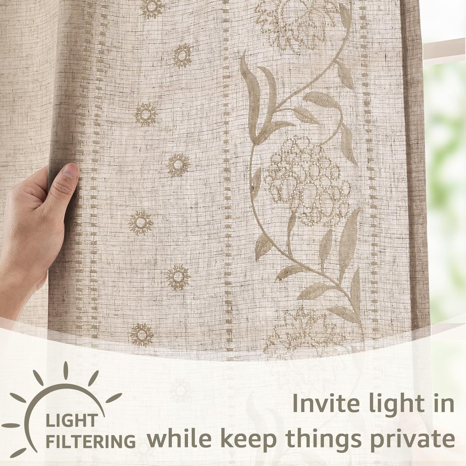 jinchan Winslow Linen Curtains for Bedroom 84 Inches Length Ivory on Taupe Embroidered Bordered Floral Curtains for Living Room Farmhouse Decor Light Filtering Window Treatments 2 Panels