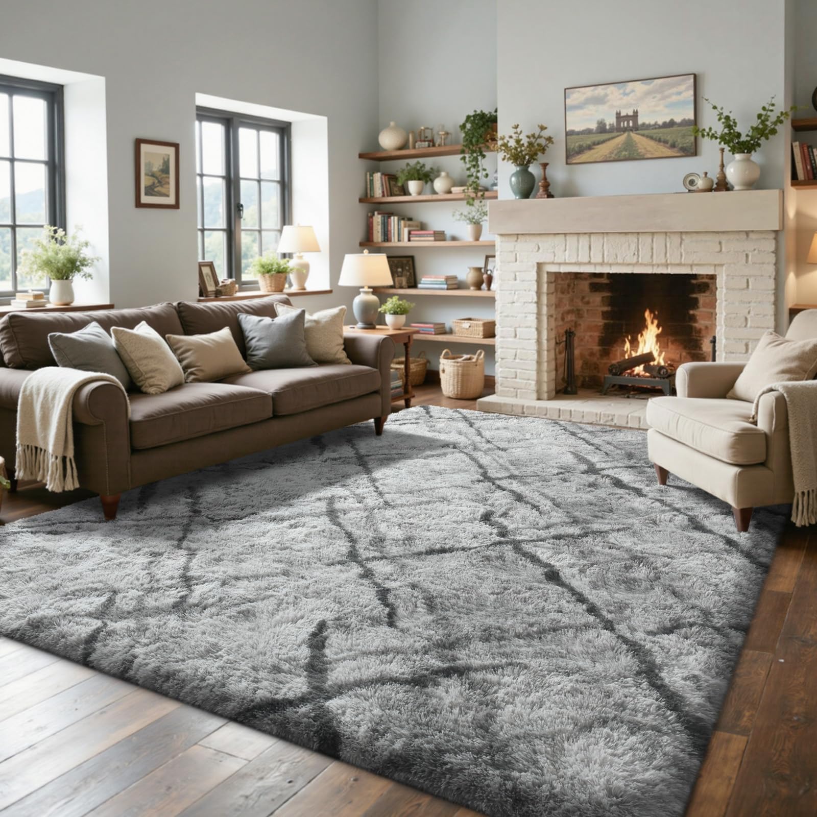 5×7ft Grey Fluffy Tie-Dyed Rug, Soft Shag Carpet for Home Decor